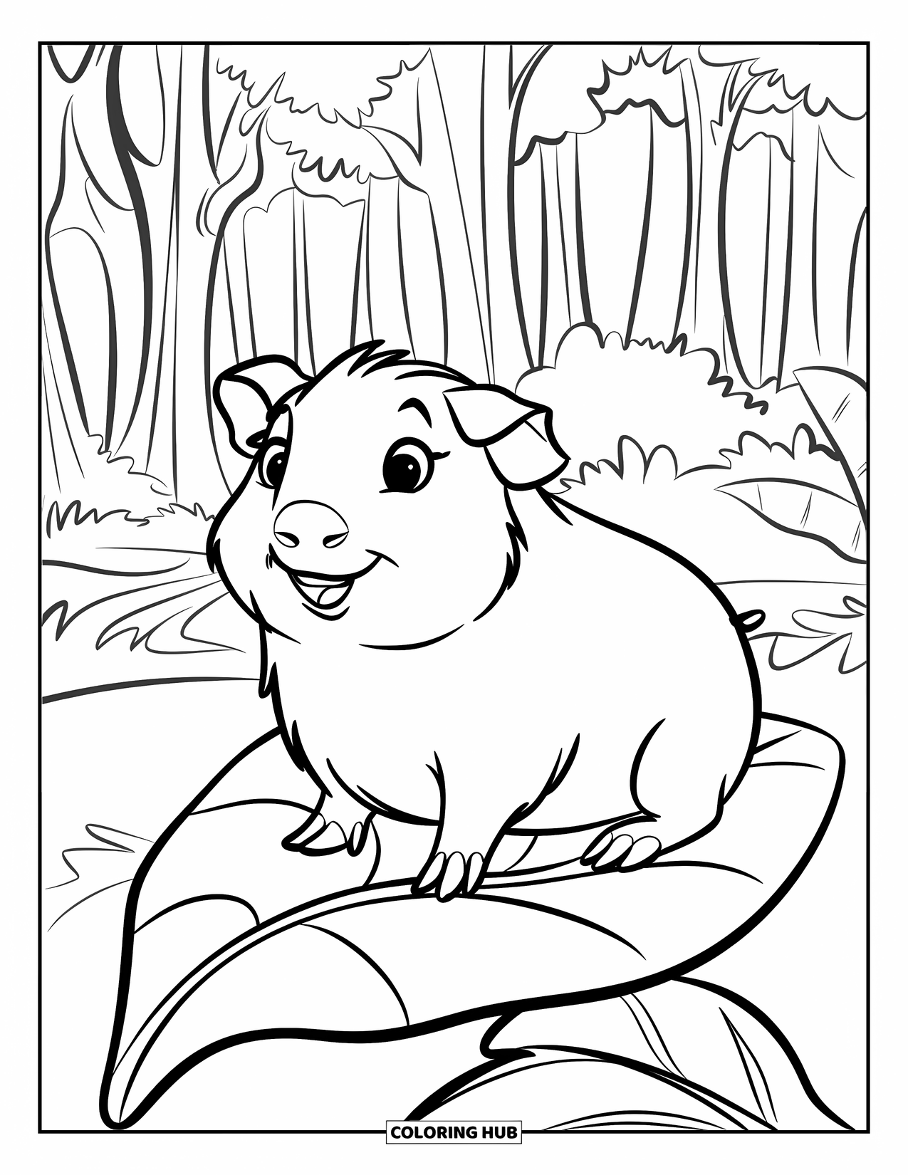 Desenho de Porquinho-da-Índia para Crianças: Porquinho-da-índia senta-se em uma folha grande com um olhar alegre