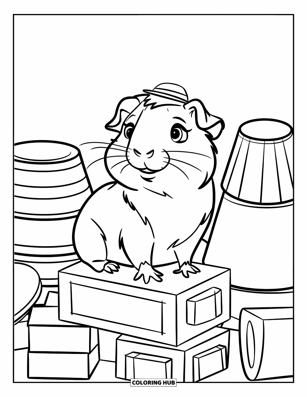 Desenho de Porquinho-da-Índia para Crianças: Porquinho-da-índia senta-se em blocos de brinquedo usando um chapéu pequeno