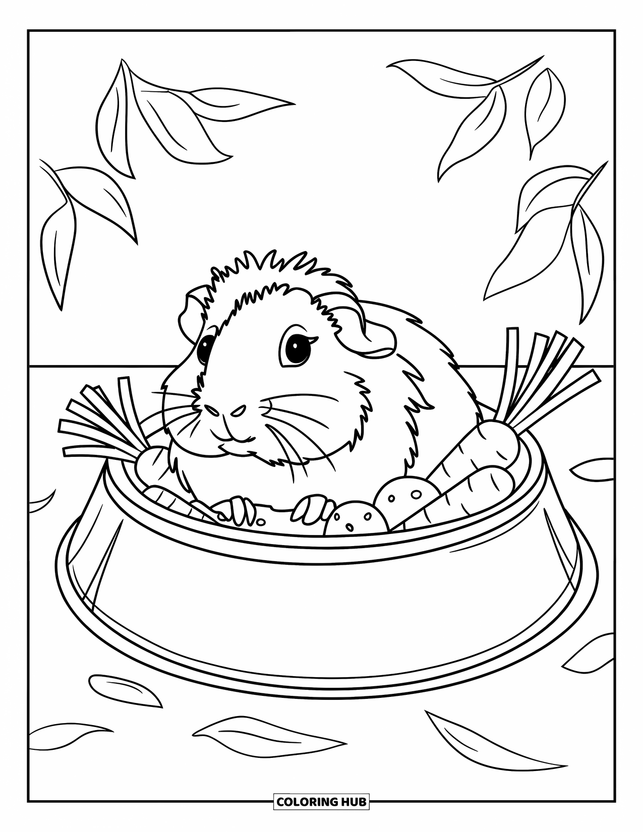 Desenho de Porquinho-da-Índia para Crianças: Porquinho-da-índia senta-se ereto em uma tigela de vegetais com folhas espalhadas ao redor
