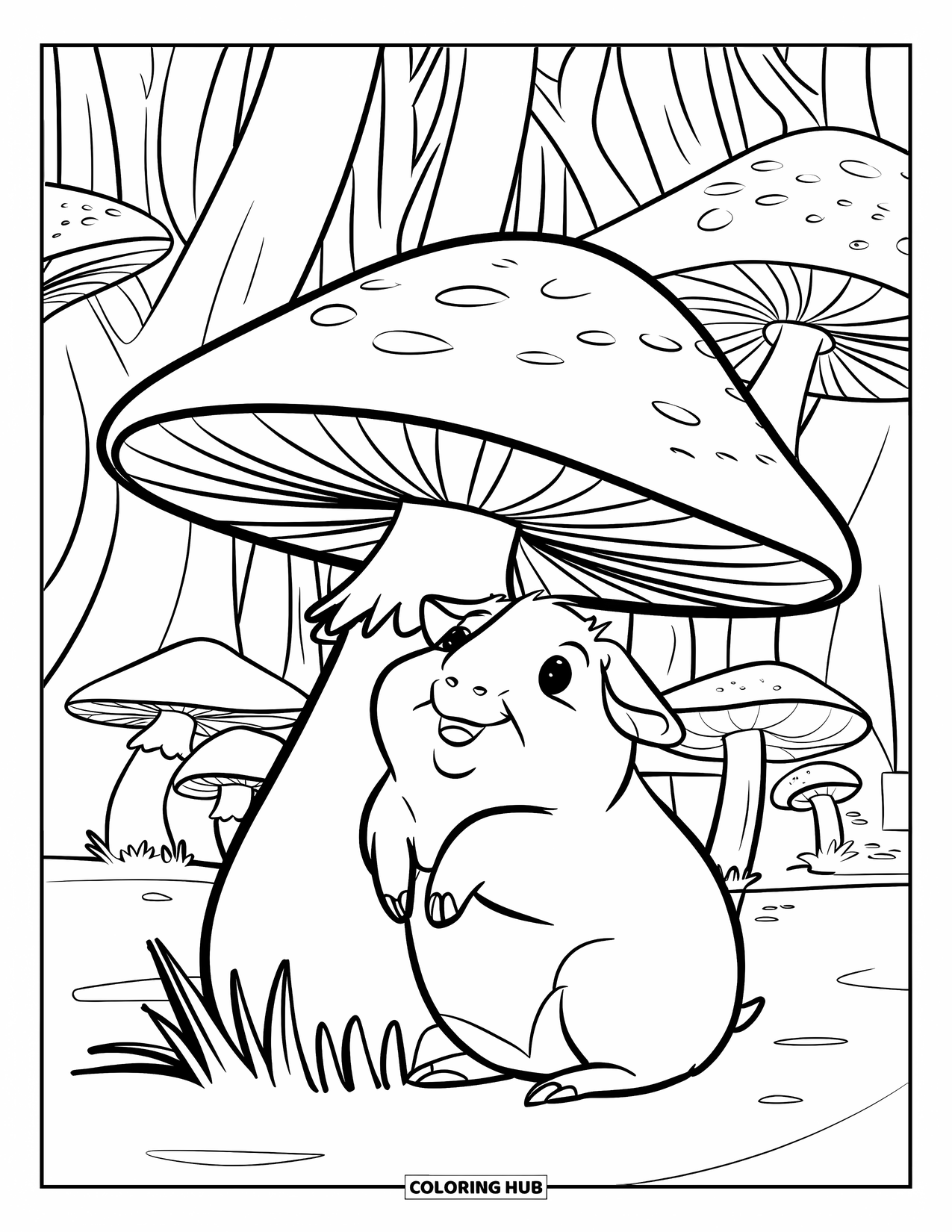 Desenho de Porquinho-da-Índia para Crianças: Porquinho-da-índia fica sob um cogumelo grande em uma floresta de cogumelos e árvores altas