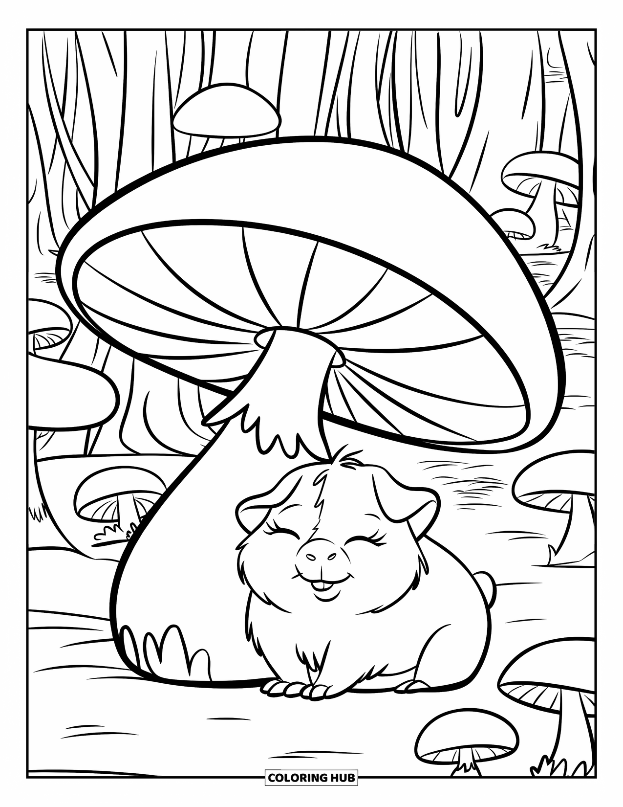 Desenho de Porquinho-da-Índia para Crianças: Porquinho-da-índia se abriga sob um cogumelo gigante em uma floresta mágica