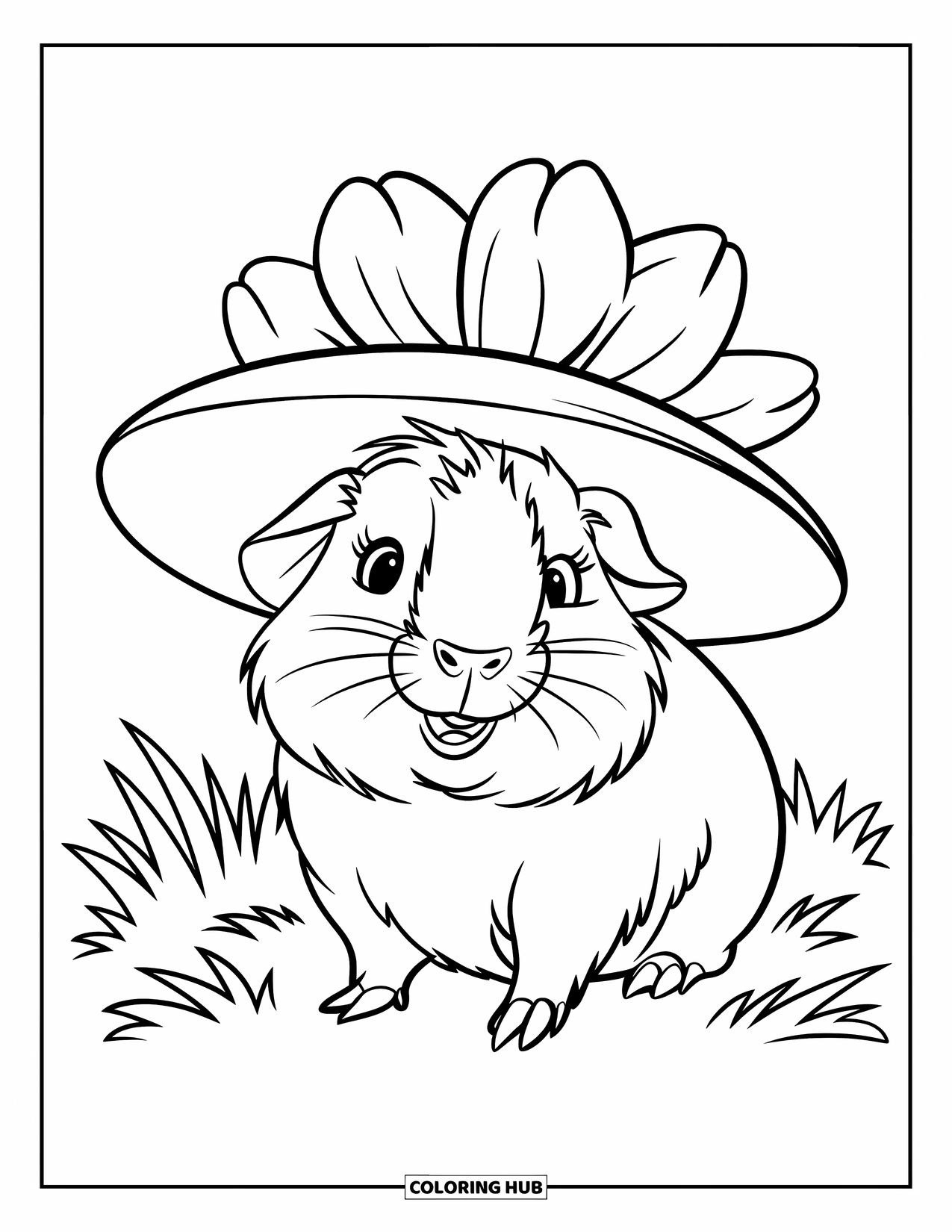 Desenho de Porquinho-da-Índia para Crianças: Porquinho-da-índia usa um chapéu de flor grande enquanto está sentado na grama