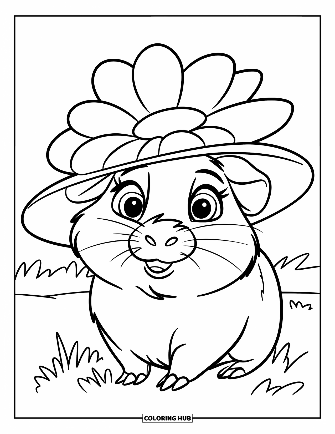 Desenho de Porquinho-da-Índia para Crianças: Porquinho-da-índia com um chapéu de flor e olhos grandes descansa em um campo