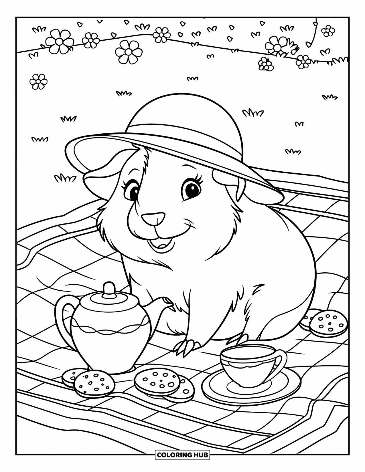 Desenho de Porquinho-da-Índia para Crianças: Porquinho-da-índia com um chapéu pequeno senta-se em um cobertor com biscoitos, chá e flores