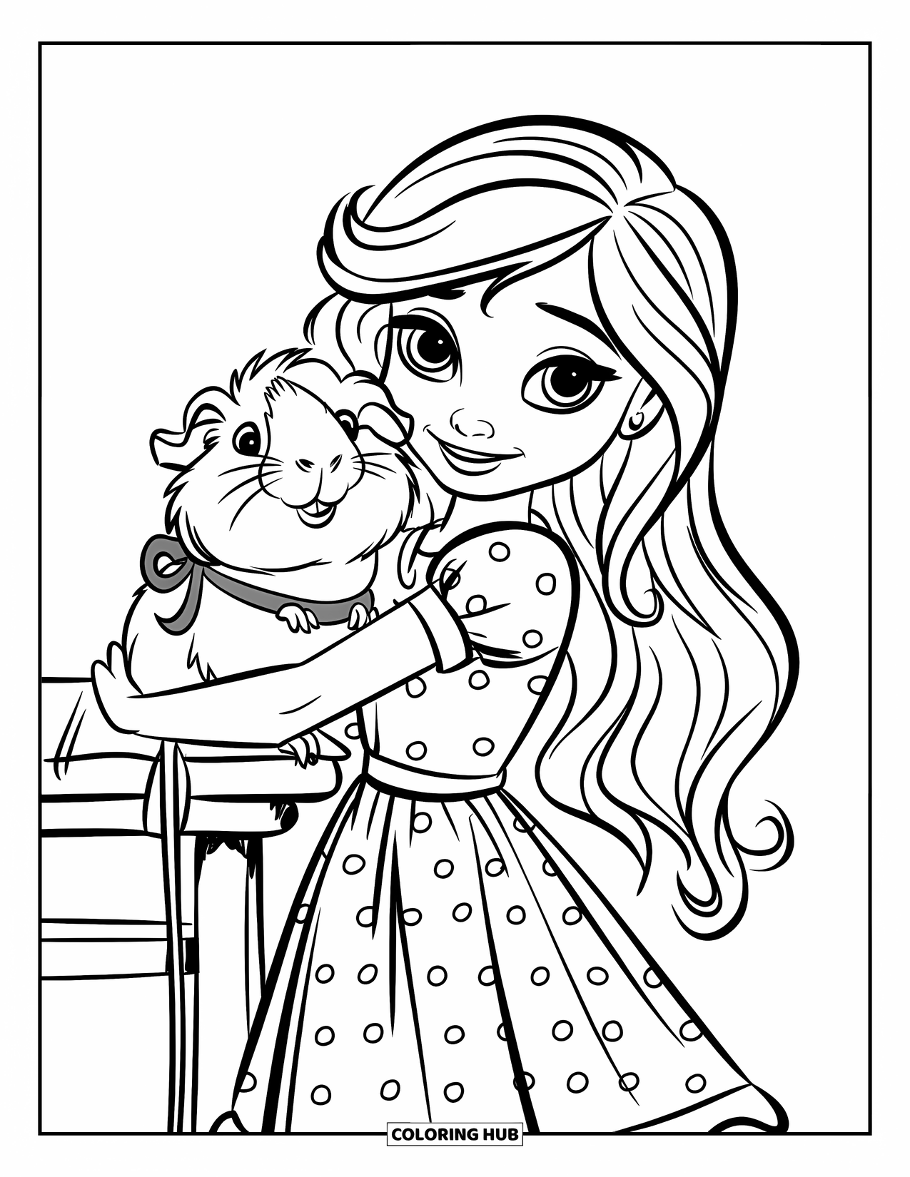 Desenho de Porquinho-da-Índia para Crianças: Porquinho-da-índia com uma fita senta-se no ombro de uma menina enquanto ela está em cima de uma mesa