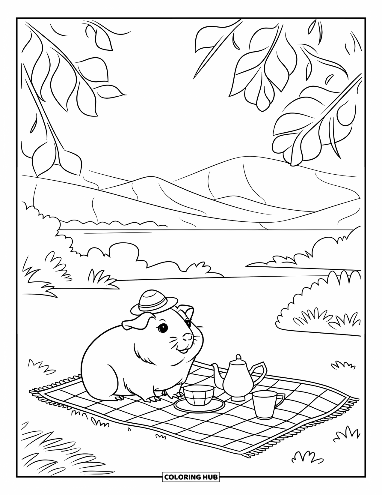 Desenho de Porquinho-da-Índia para Crianças: Porquinho-da-índia com um bule de chá e lanches senta-se em uma manta de piquenique perto de um lago