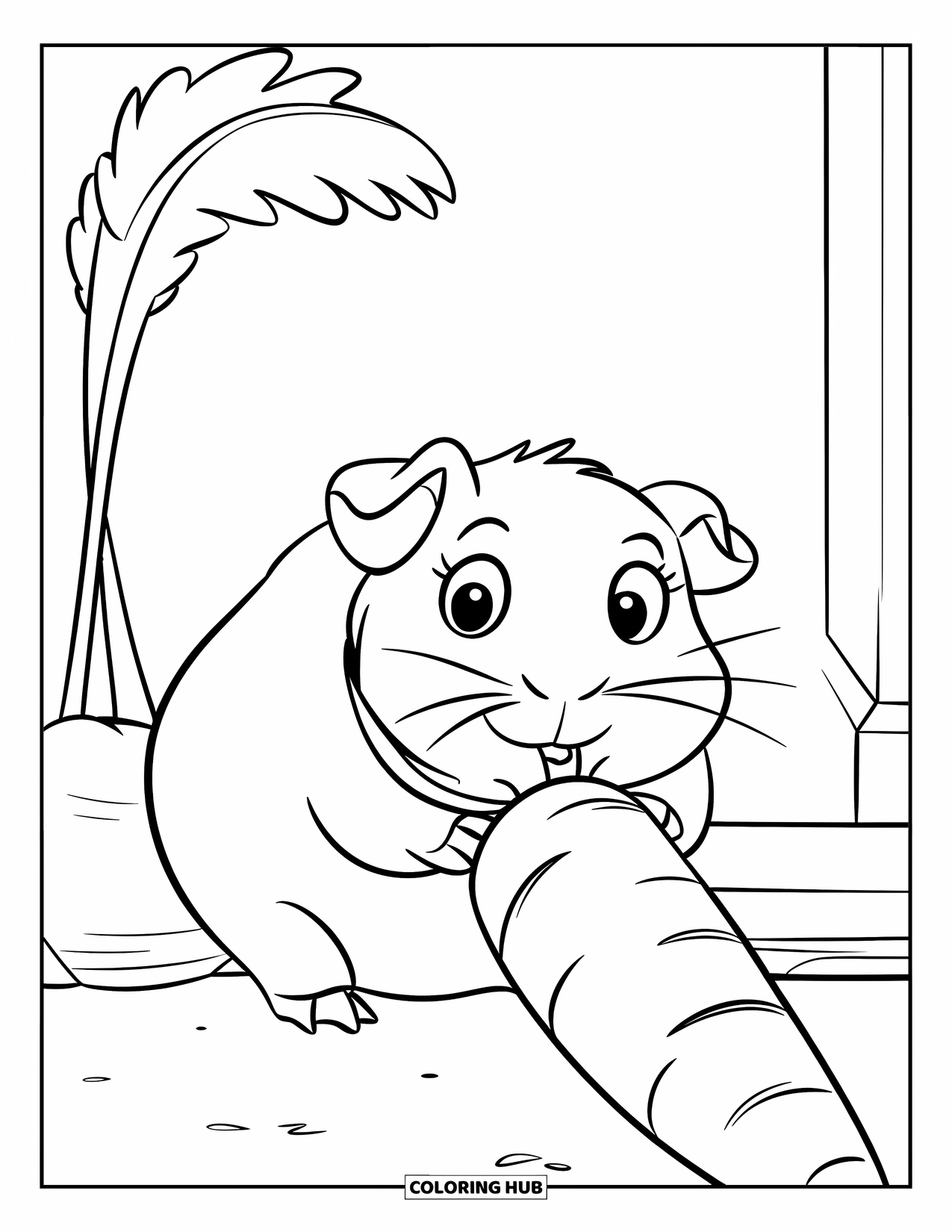 Desenho de Porquinho-da-Índia para Crianças: Porquinho-da-índia com olhos grandes e um cachecol mastiga uma cenoura gigante