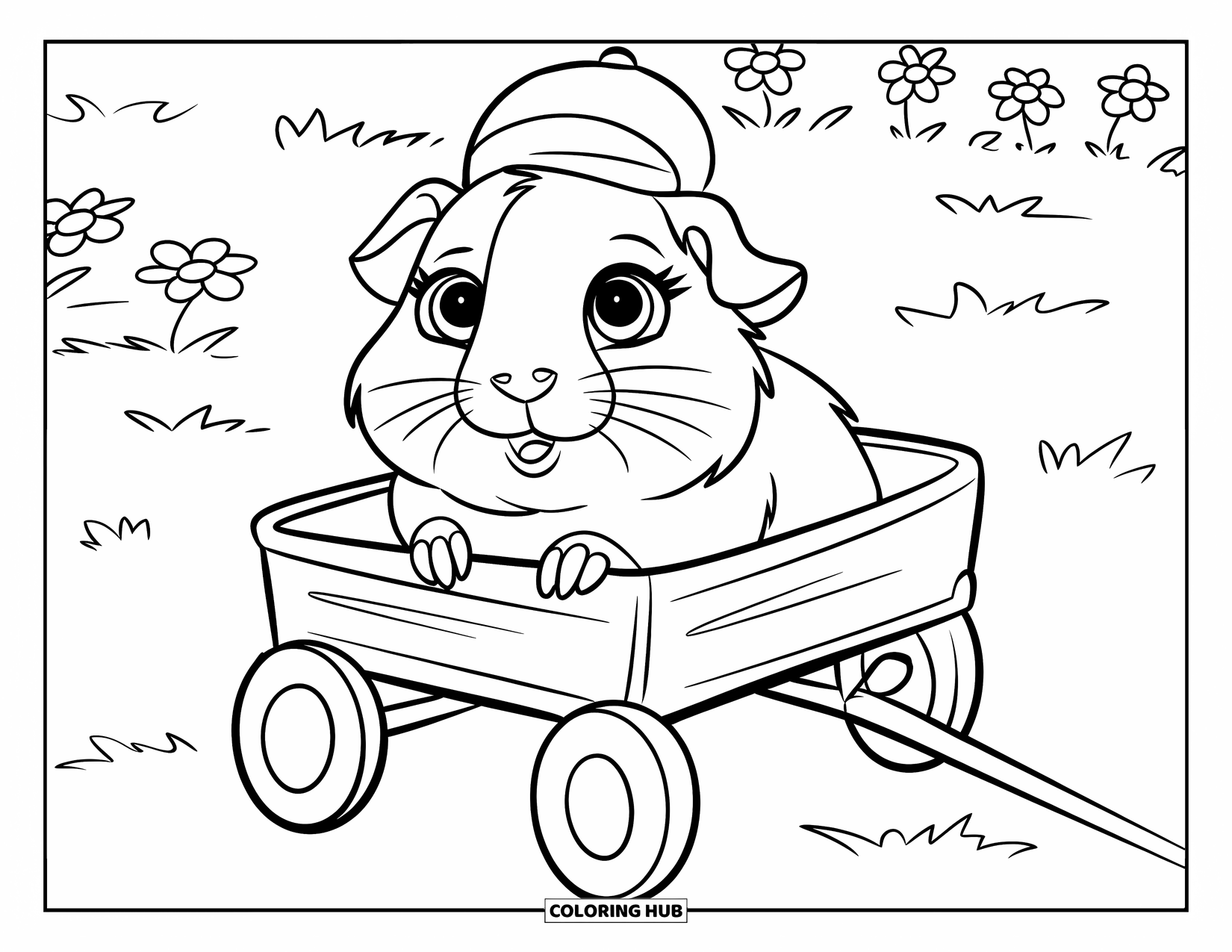 Desenho de Porquinho-da-Índia para Crianças: Porquinho-da-índia com olhos grandes anda em uma carroça em um gramado cheio de flores