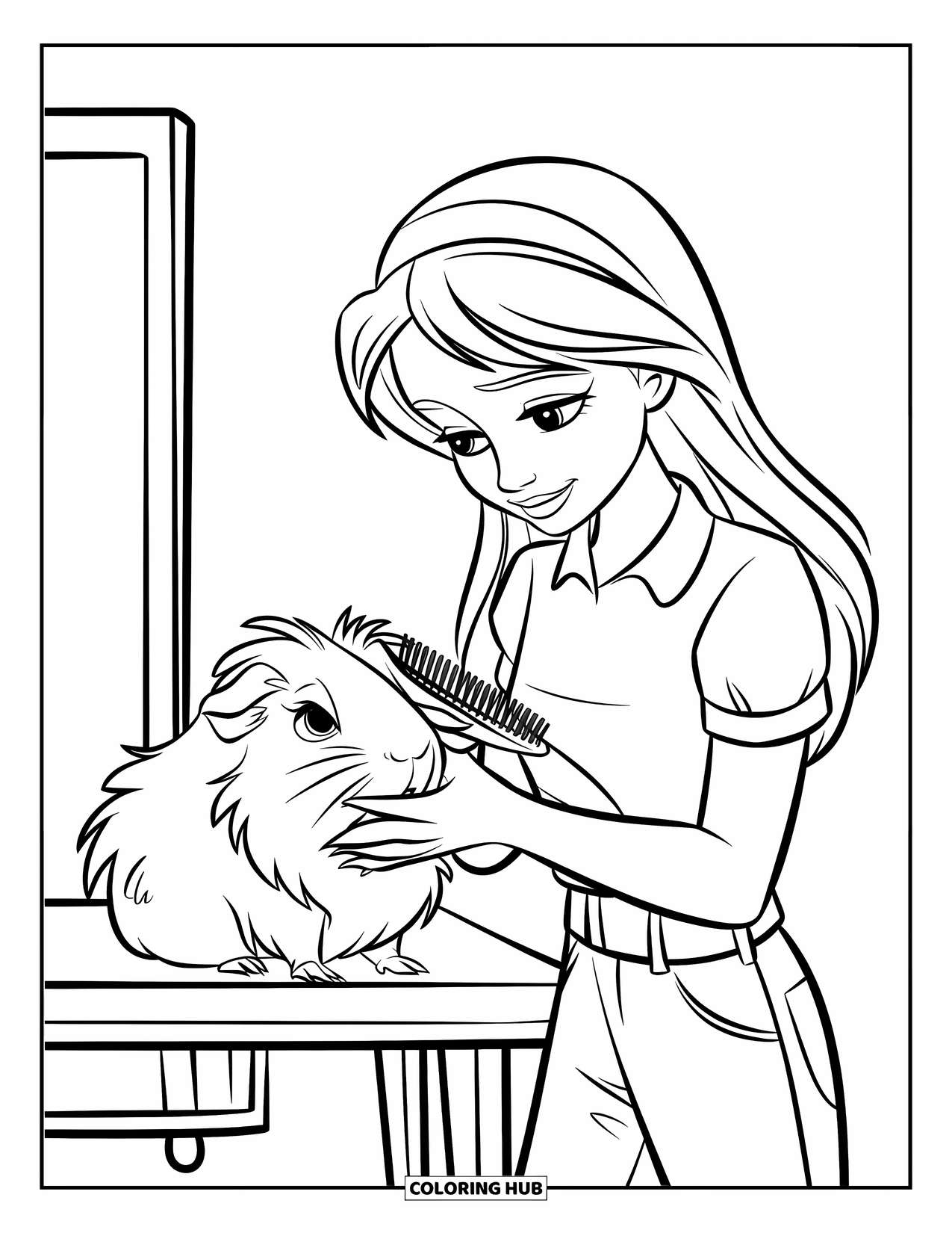 Desenho de Porquinho-da-Índia para Crianças: Porquinho-da-índia com pelo brilhante é escovado por uma menina com roupas casuais