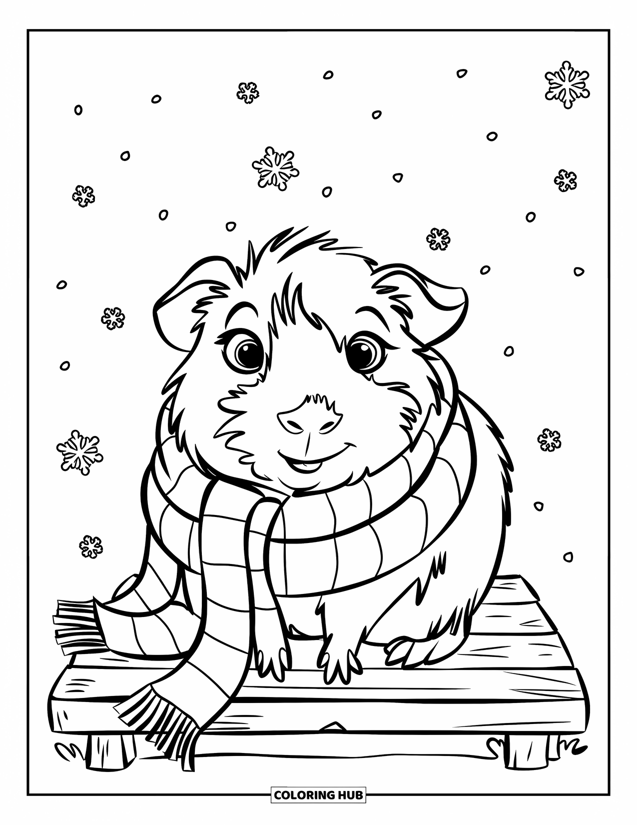 Desenho de Porquinho-da-Índia para Crianças: Porquinho-da-índia enrolado em um cachecol sentado em uma plataforma de madeira enquanto a neve cai