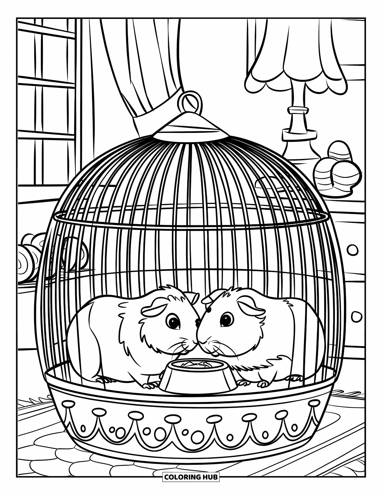 Desenho de Porquinho-da-Índia para Crianças: Porquinhos-da-índia sentam-se em uma gaiola quente compartilhando uma tigela de comida