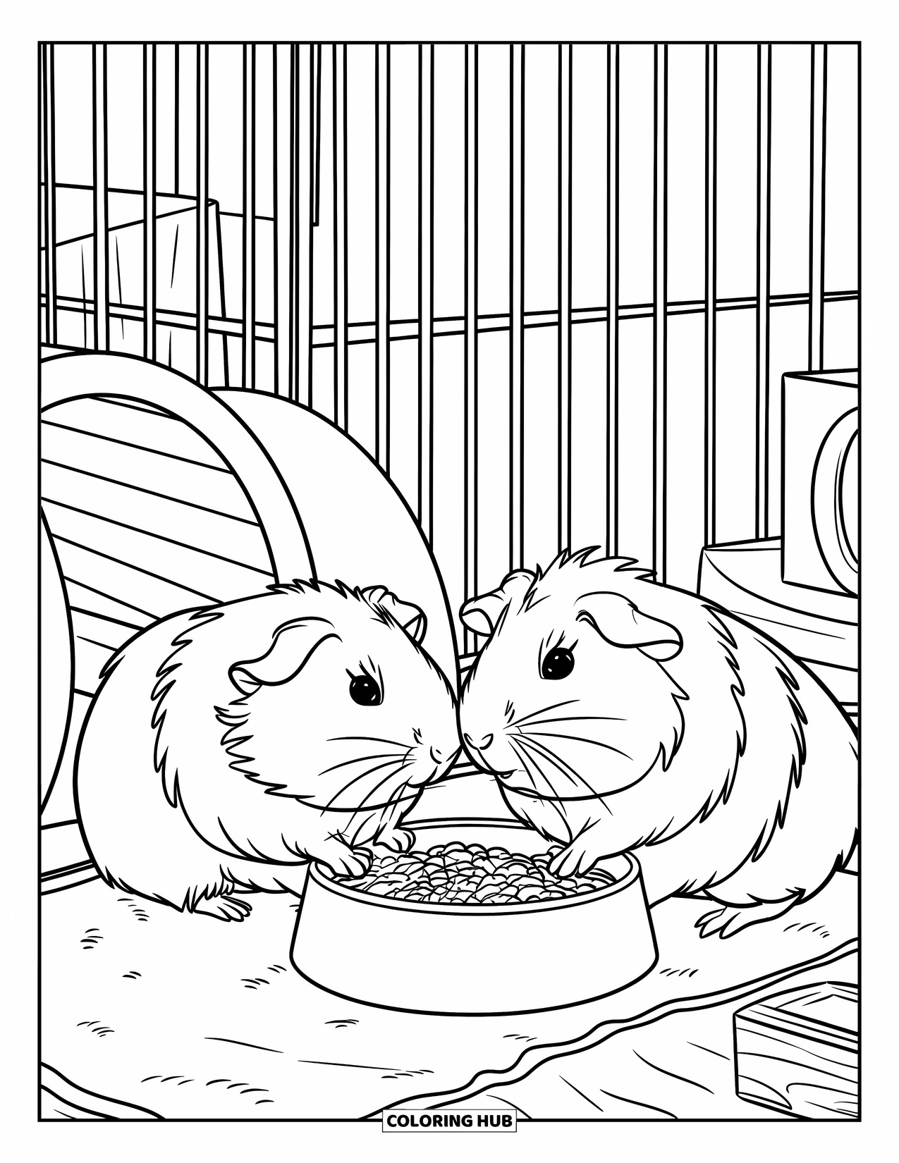 Desenho de Porquinho-da-Índia para Crianças: Porquinhos-da-índia lancham juntos em uma gaiola com um túnel e brinquedo de madeira