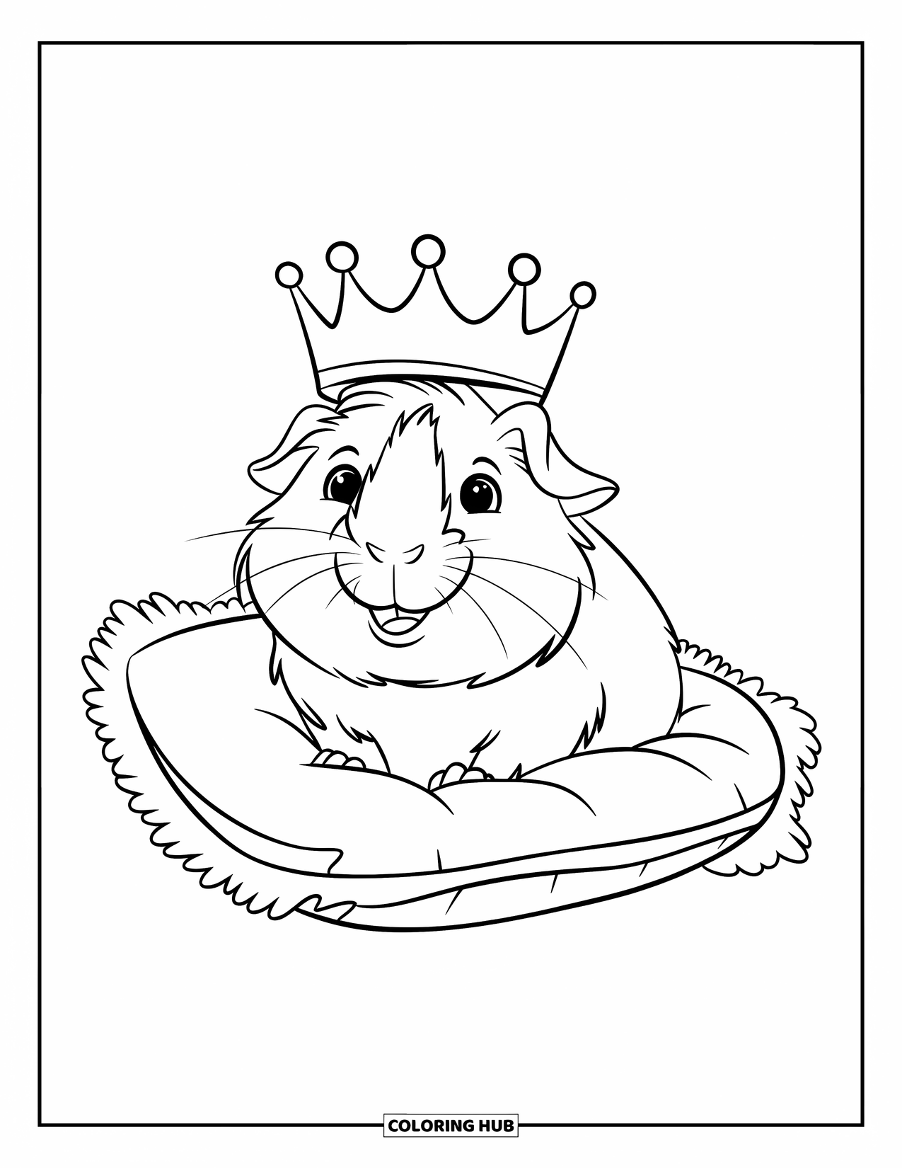 Desenho de Porquinho-da-Índia para Crianças: Porquinho-da-índia feliz com uma coroa descansa em um travesseiro confortável