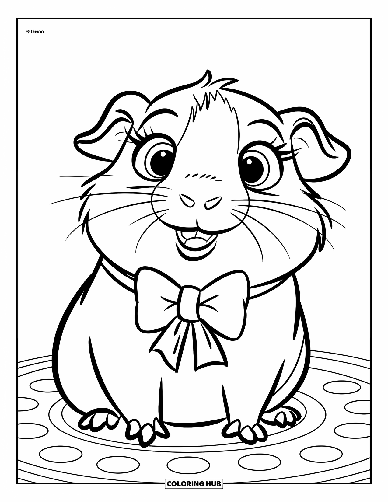 Desenho de Porquinho-da-Índia para Crianças: Porquinho-da-índia feliz com olhos grandes e uma gravata borboleta descansa em um tapete estampado