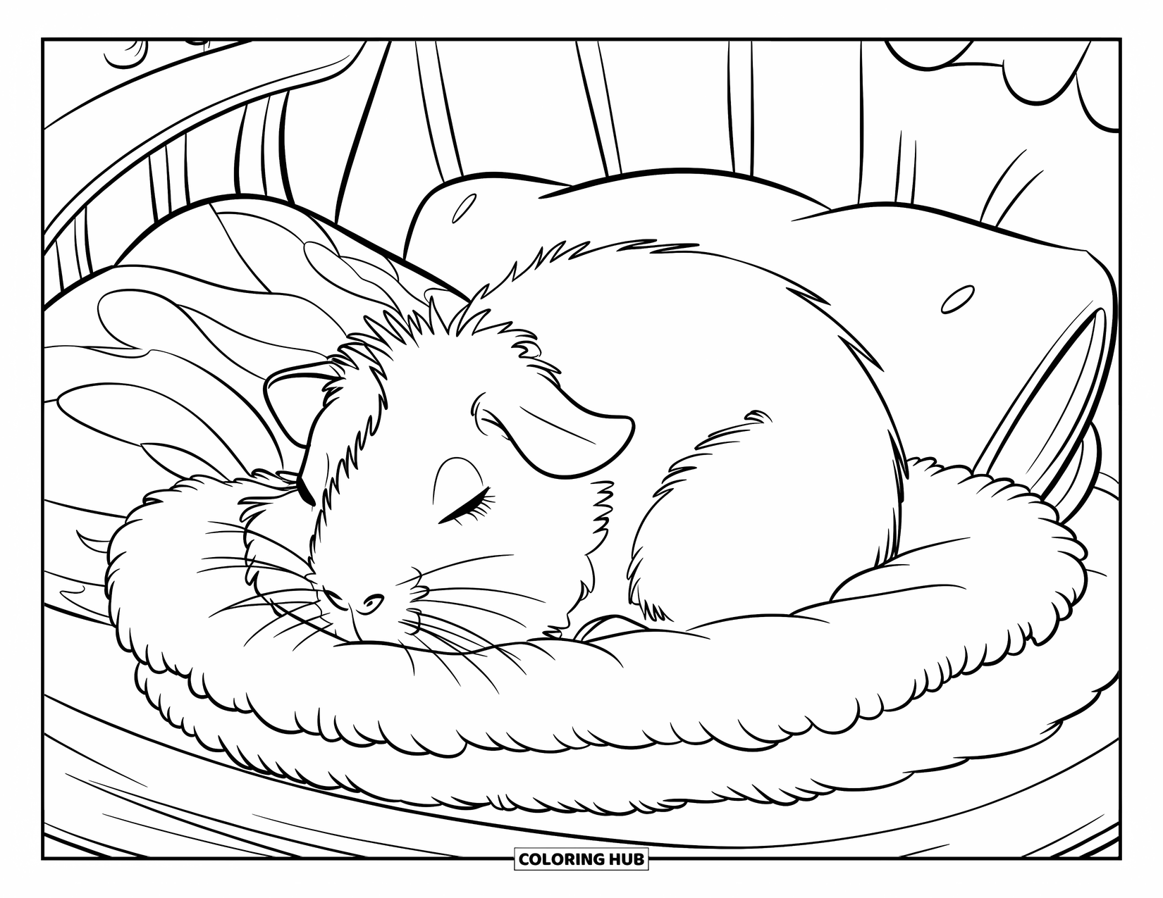 Desenho de Porquinho-da-Índia para Crianças: Porquinho-da-índia sonolento cochila em cobertores e travesseiros macios em um quarto aconchegante