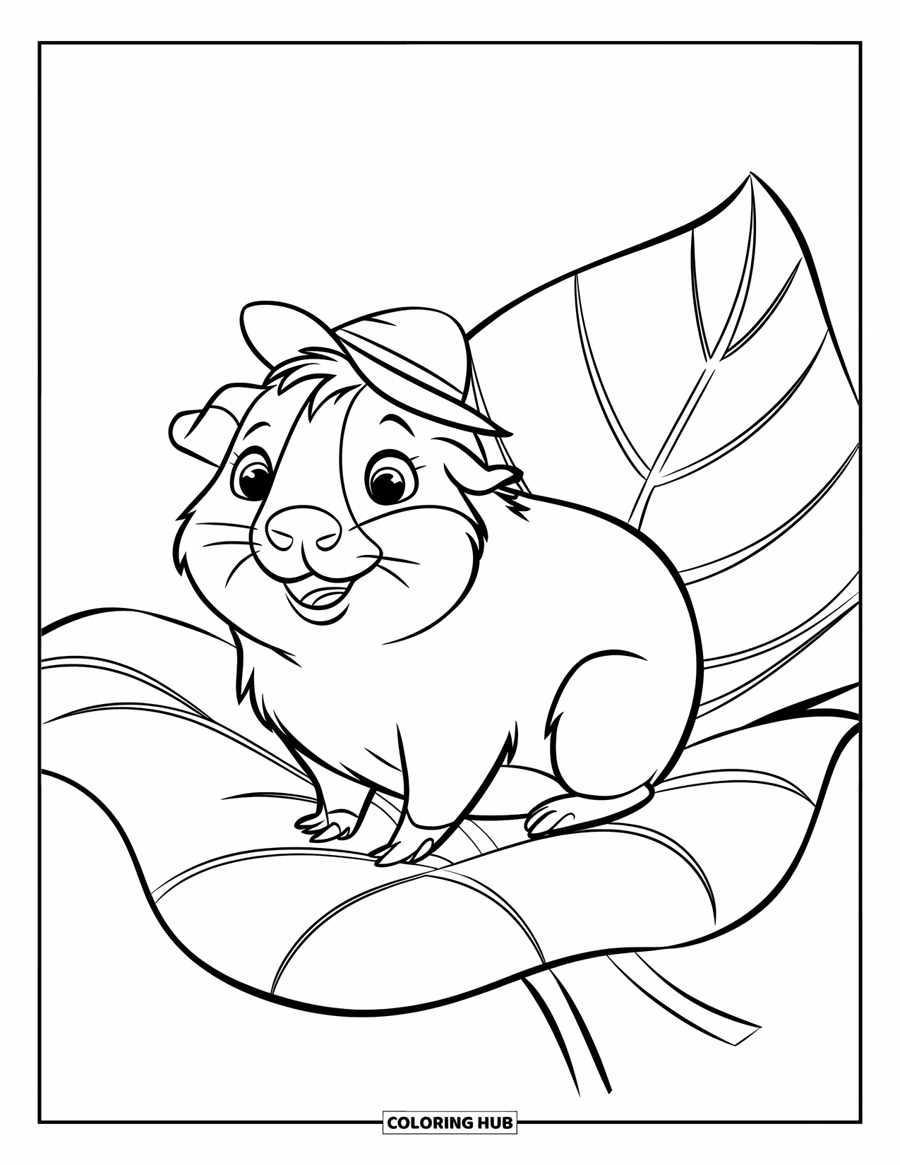 Desenho de Porquinho-da-Índia para Crianças: Porquinho-da-índia sorridente com um chapéu descansa em uma folha gigante