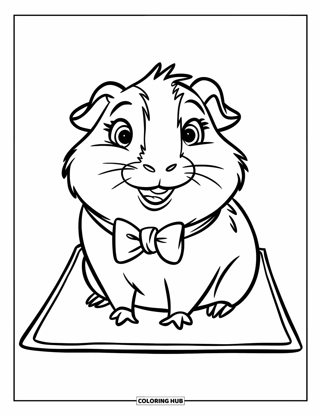 Desenho de Porquinho-da-Índia para Crianças: Porquinho-da-índia sorridente com uma gravata borboleta senta-se feliz em um tapete macio