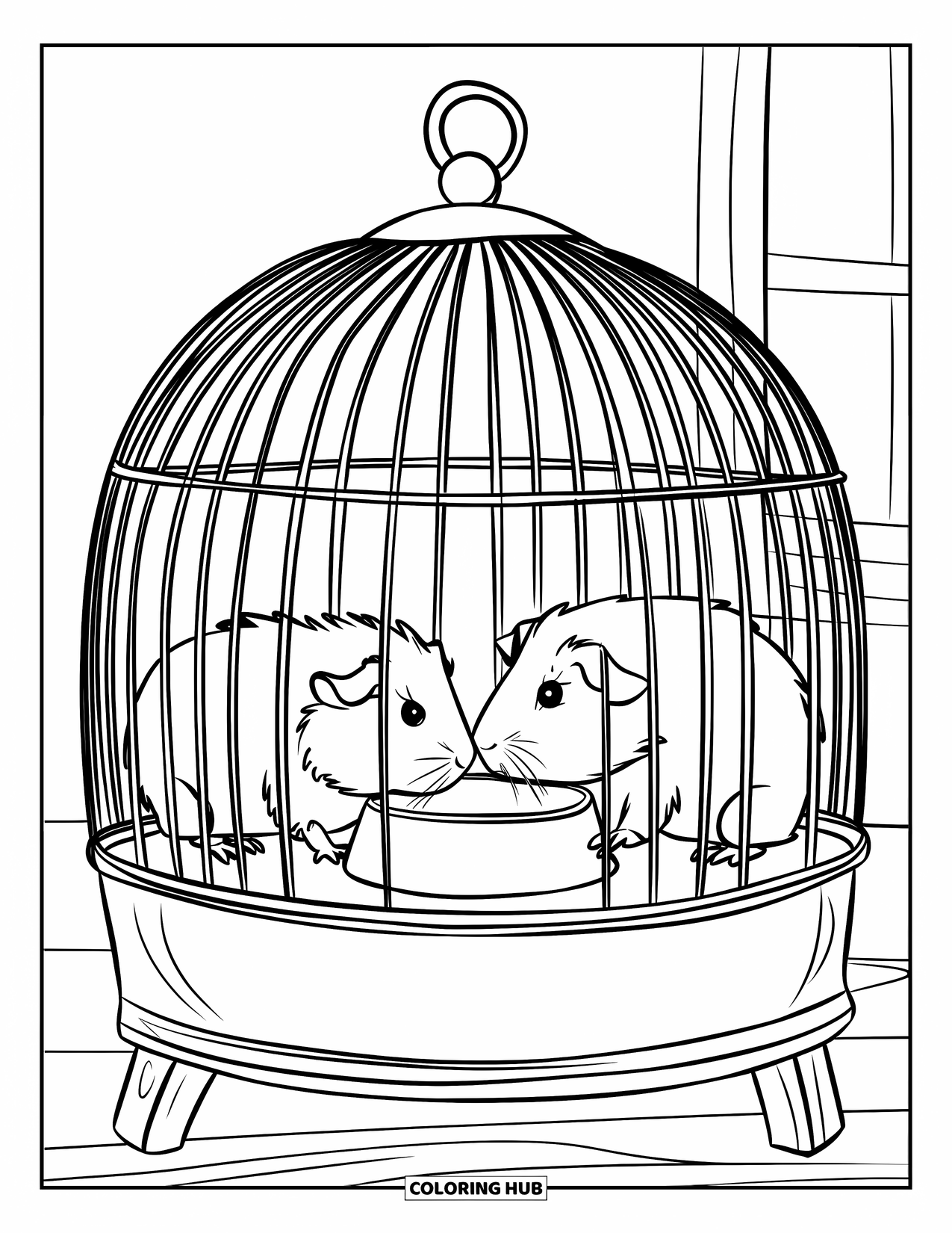 Desenho de Porquinho-da-Índia para Crianças: Dois porquinhos-da-índia compartilham uma tigela de comida em uma pequena gaiola aconchegante