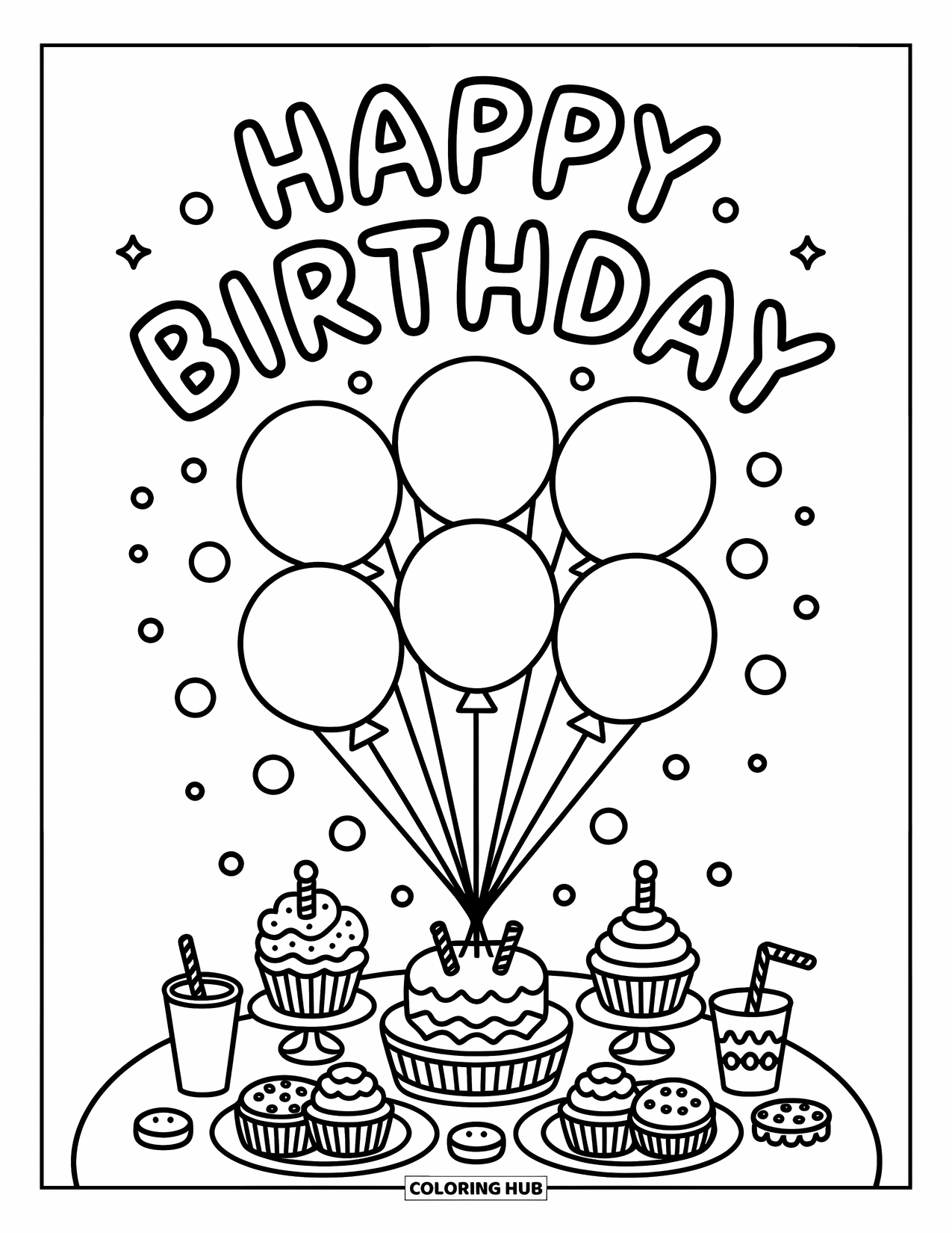 Happy Birthday Coloring Page for Adults: Balloon bouquet hovers above a cute table filled with birthday snacks