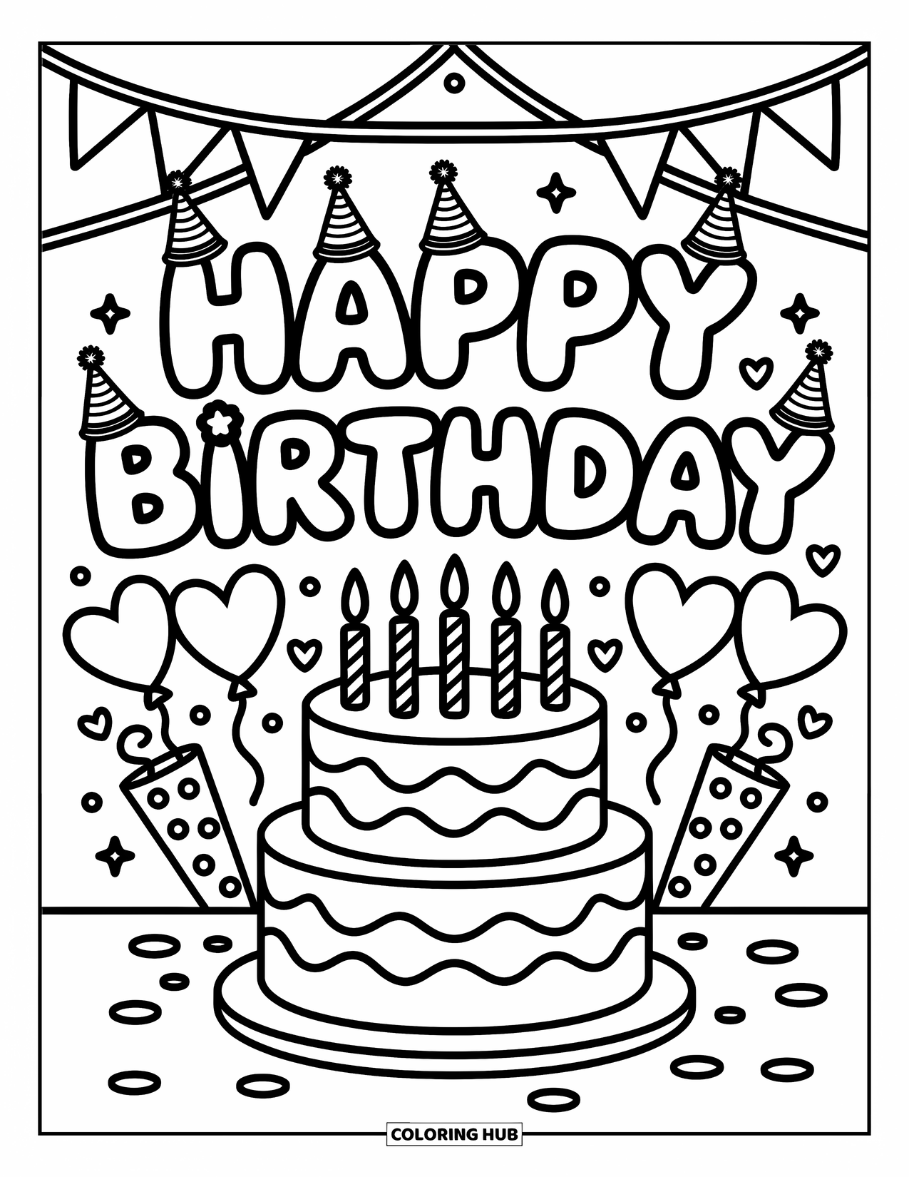Happy Birthday Coloring Page for Adults: Big bubbly birthday text with hats, cake, and festive decorations