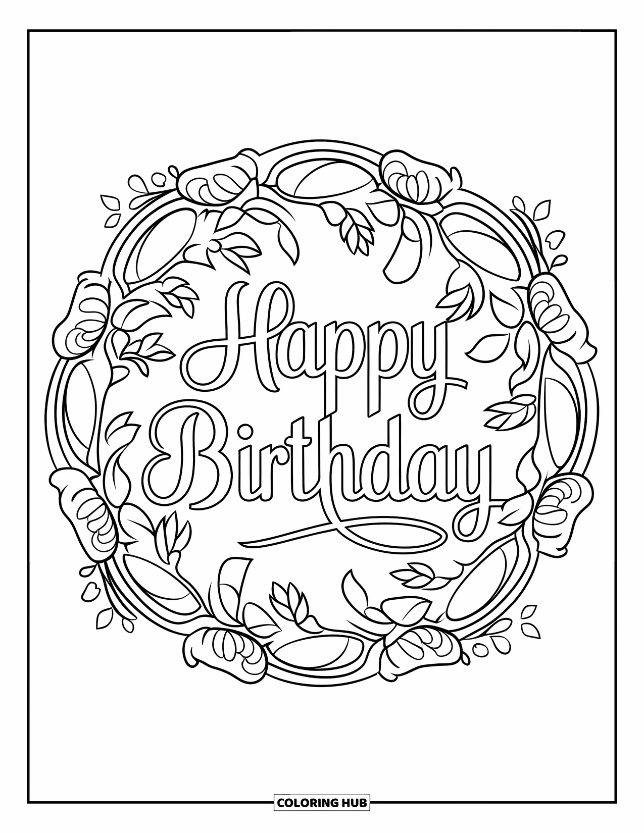 Happy Birthday Coloring Page for Adults: Birthday message centered in a delicate floral mandala with vines and swirls