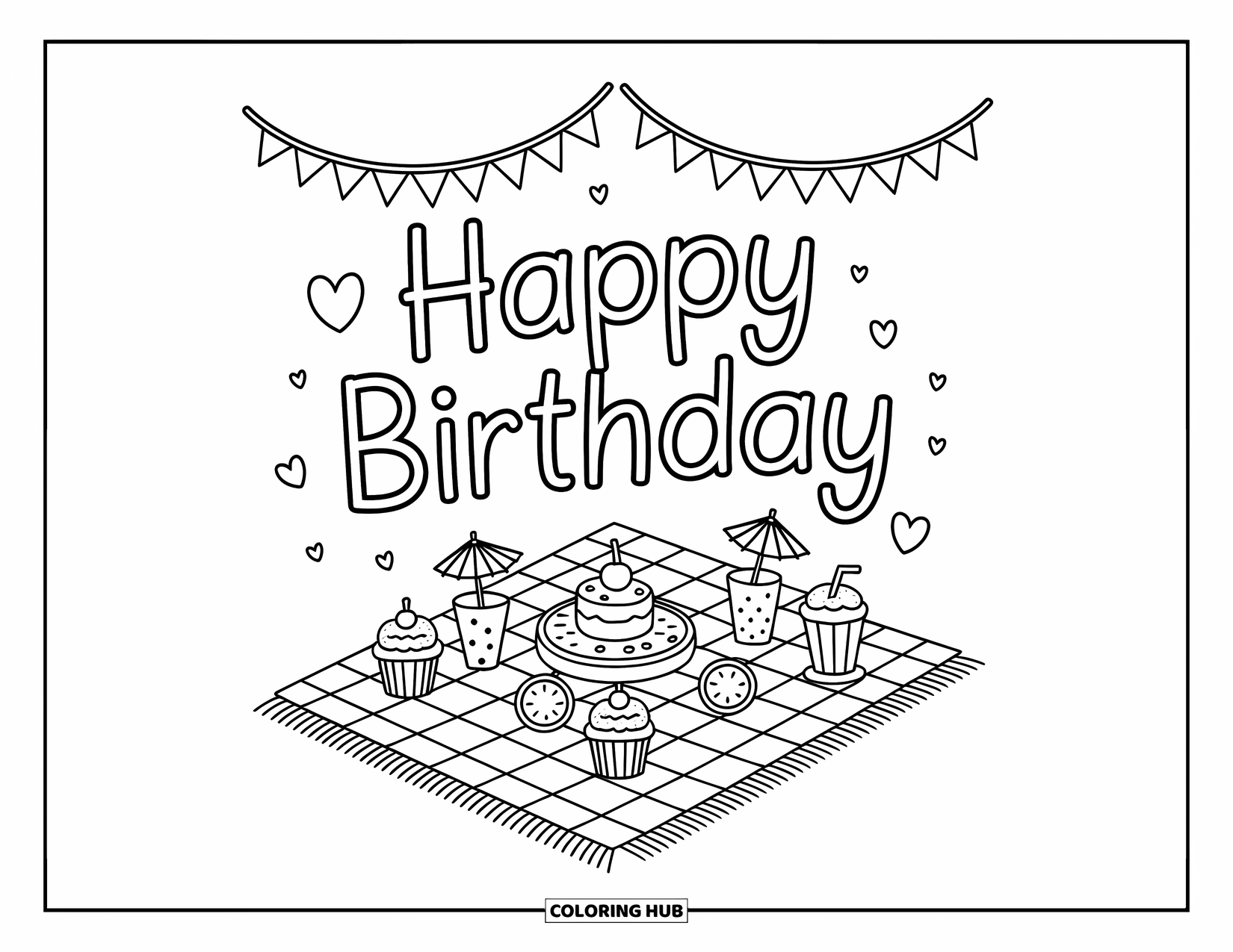 Happy Birthday Coloring Page for Adults: Birthday picnic with cupcakes, fruit, and drinks under a flag garland