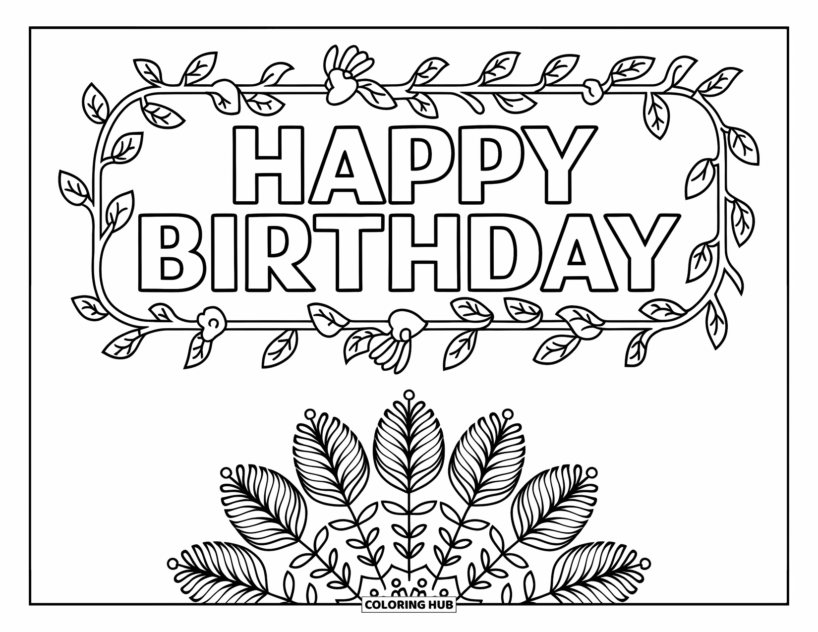 Happy Birthday Coloring Page for Adults: Birthday text framed by vines and resting atop a detailed floral mandala
