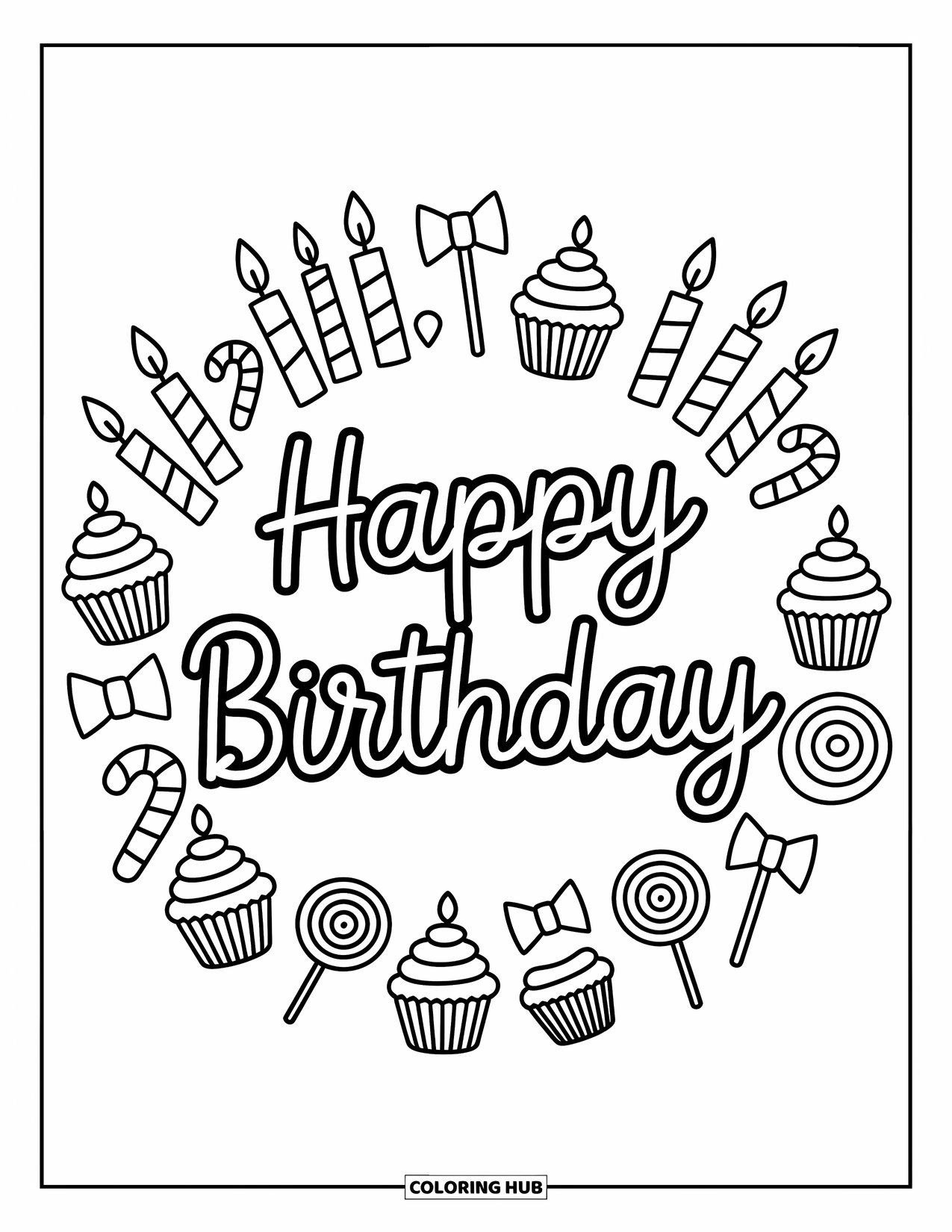 Happy Birthday Coloring Page for Adults: Birthday wreath with sweets, bows, and lollipops in a cozy hand-drawn style