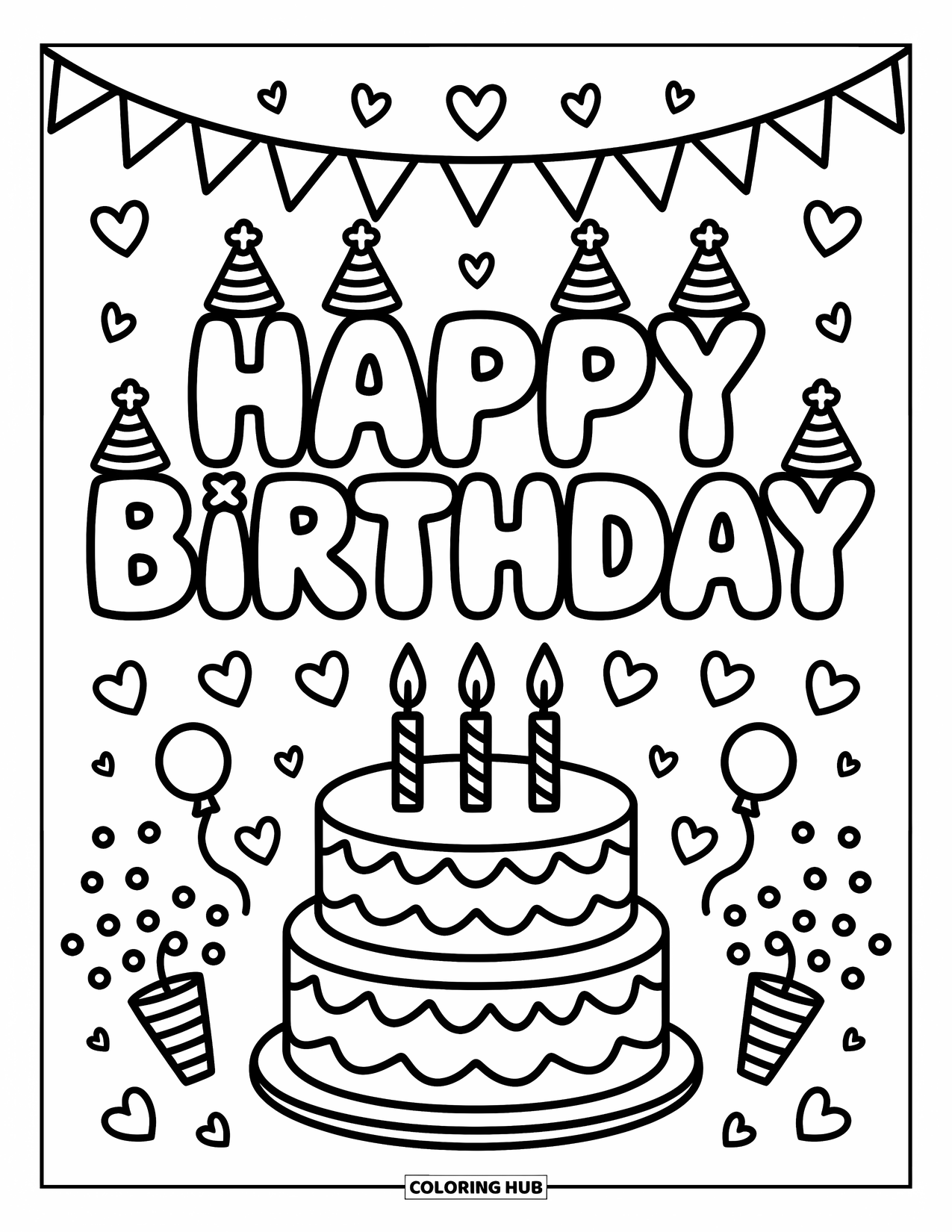 Happy Birthday Coloring Page for Adults: Bold birthday message with cake, balloons, and fun little party poppers