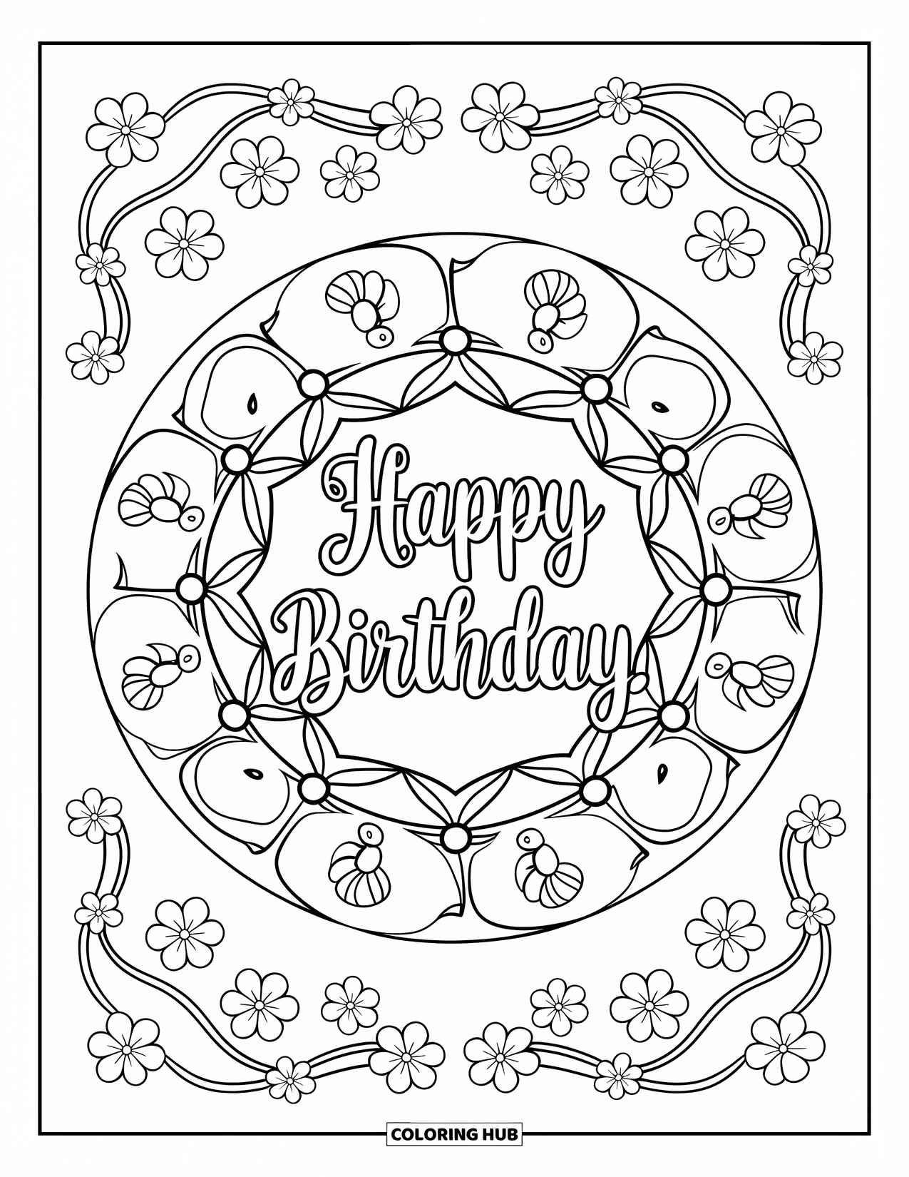 Happy Birthday Coloring Page for Adults: Calligraphy birthday greeting inside a mandala with vines and swirling petals