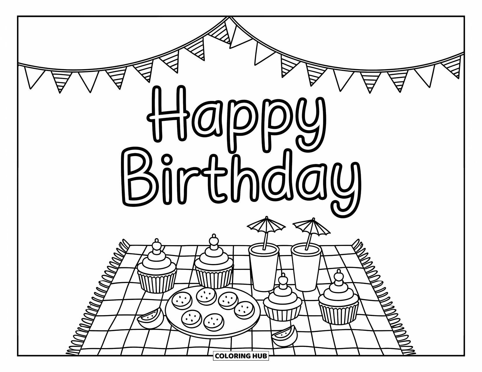 Happy Birthday Coloring Page for Adults: Cozy birthday picnic scene with cupcakes, fruit, and a string of flags