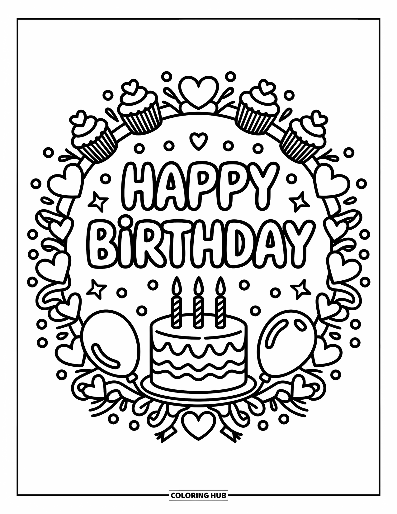 Happy Birthday Coloring Page for Adults: Cupcakes, balloons, and confetti decorate a sweet "Happy Birthday" message