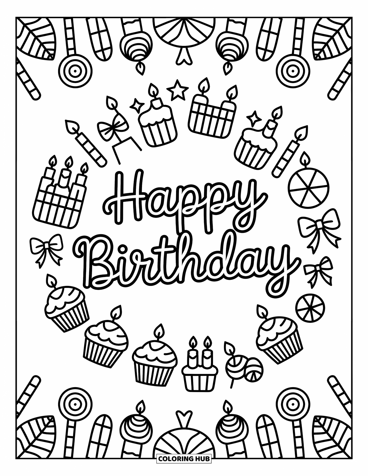 Happy Birthday Coloring Page for Adults: Cute candy wreath with cupcakes and bows frames "Happy Birthday"