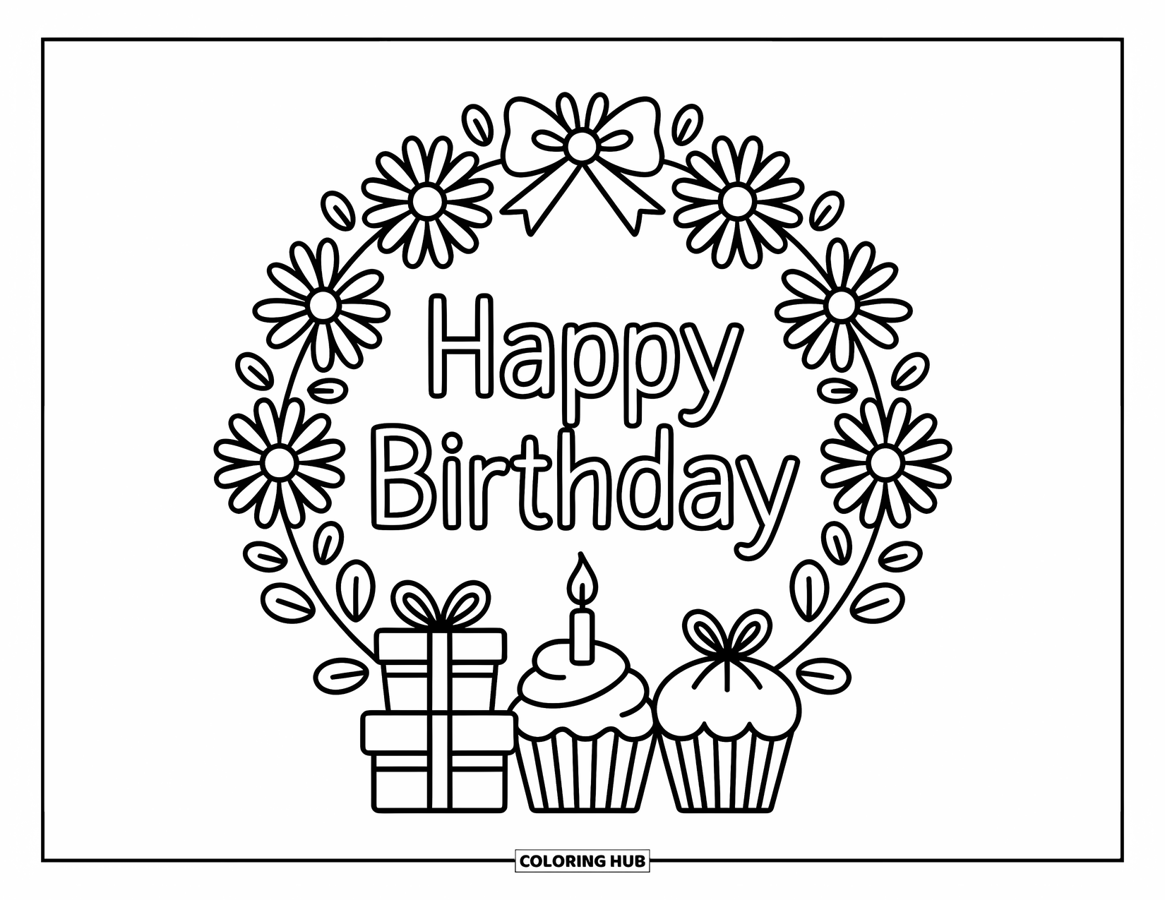 Happy Birthday Coloring Page for Adults: Daisies and bows surround "Happy Birthday" with cozy gifts and a tiny cupcake