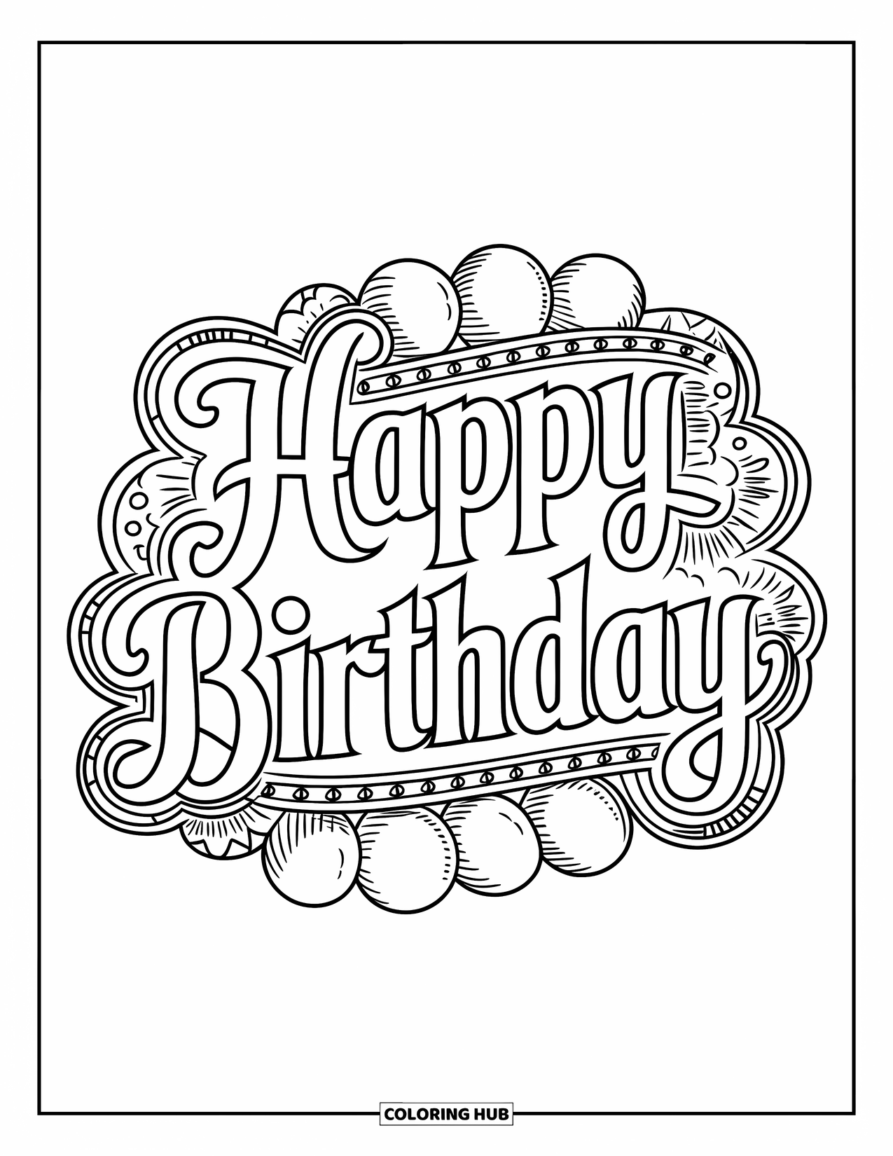 Happy Birthday Coloring Page for Adults: Decorative calligraphy framed by artistic balloon designs