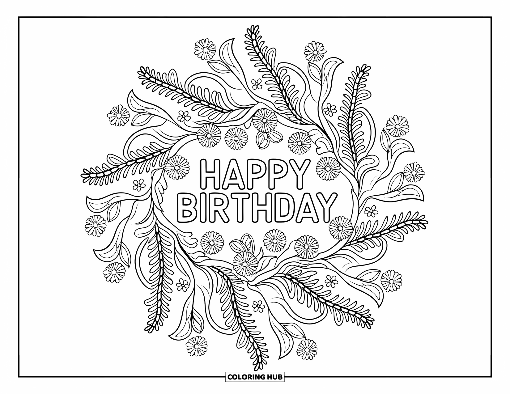 Happy Birthday Coloring Page for Adults: Elegant leafy mandala with flowing vines and a centered birthday greeting