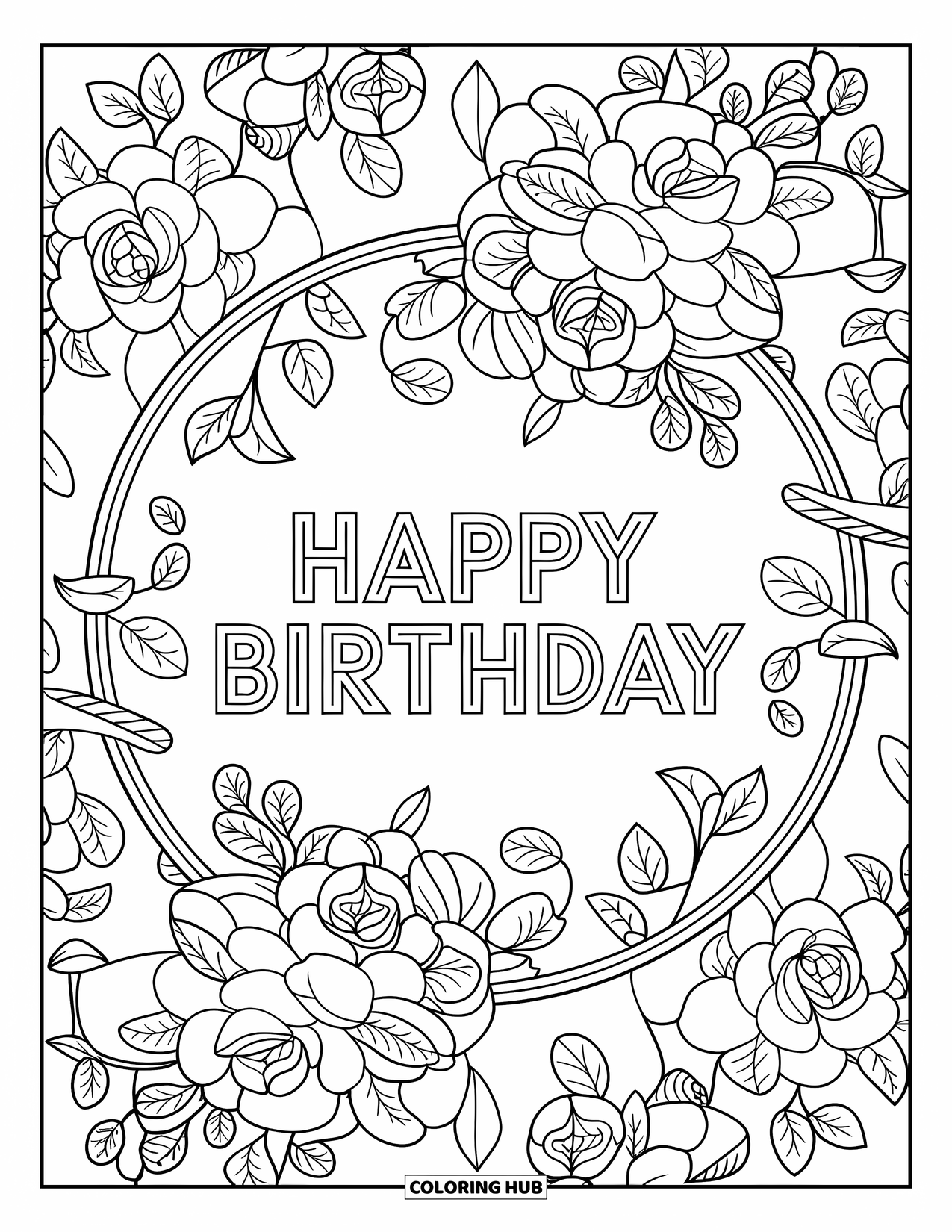 Happy Birthday Coloring Page for Adults: Elegant rose mandala encircles a large outlined birthday greeting