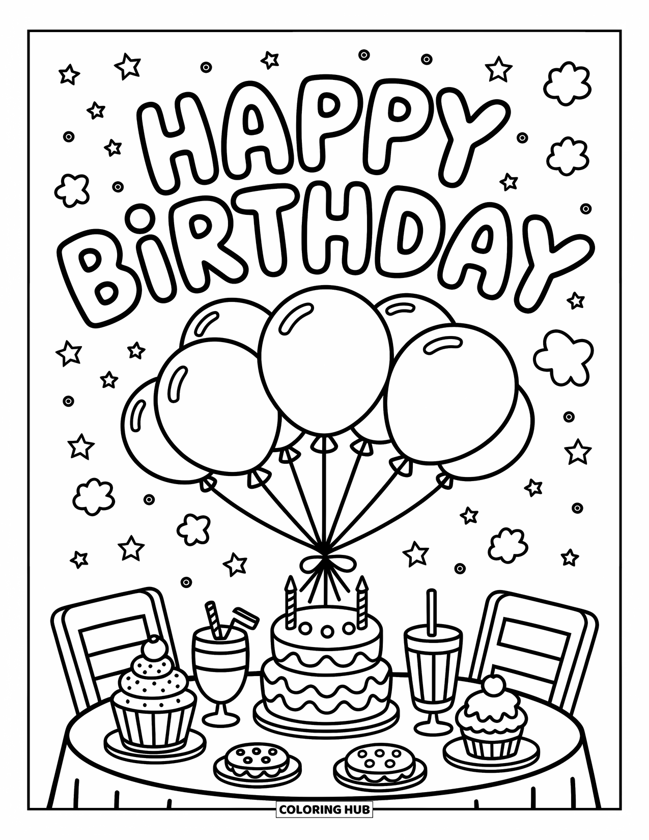 Happy Birthday Coloring Page for Adults: Floating balloons above a cozy birthday table with sweet treats