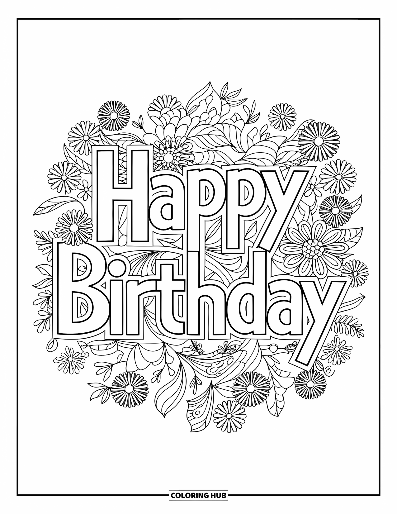 Happy Birthday Coloring Page for Adults: Floral garden scene with outlined birthday message for a relaxing design
