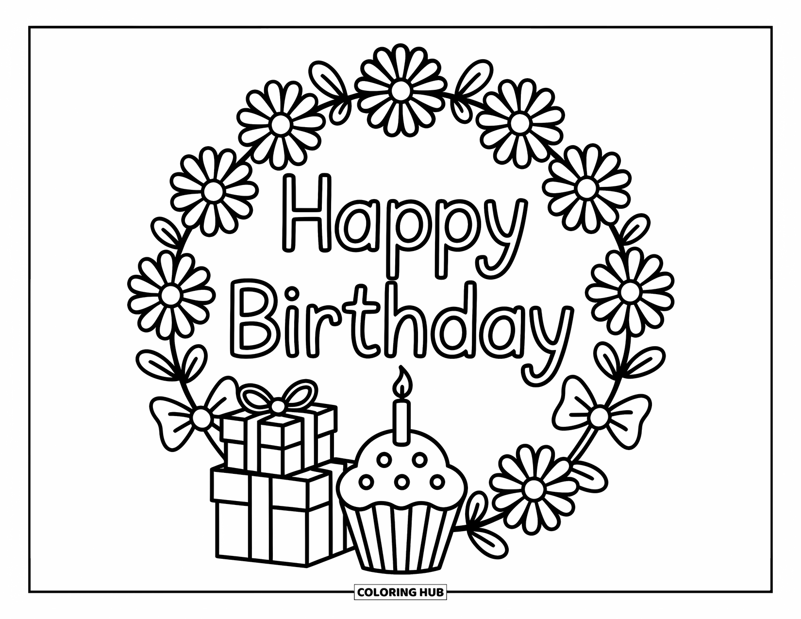 Happy Birthday Coloring Page for Adults: Floral wreath with gifts and a cupcake surrounds a gentle "Happy Birthday" message