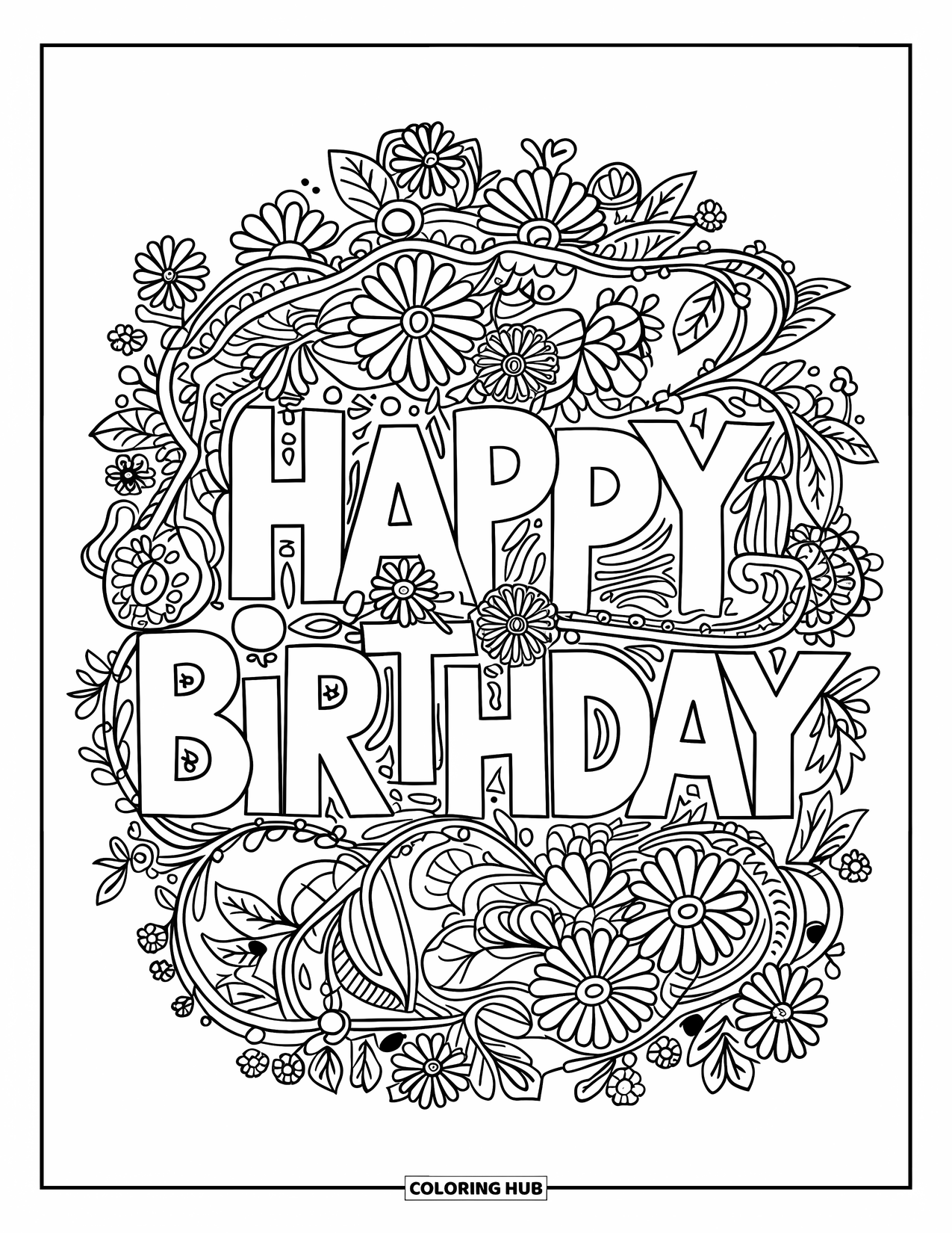 Happy Birthday Coloring Page for Adults: Garden of vines and flowers wraps around a lovely birthday message