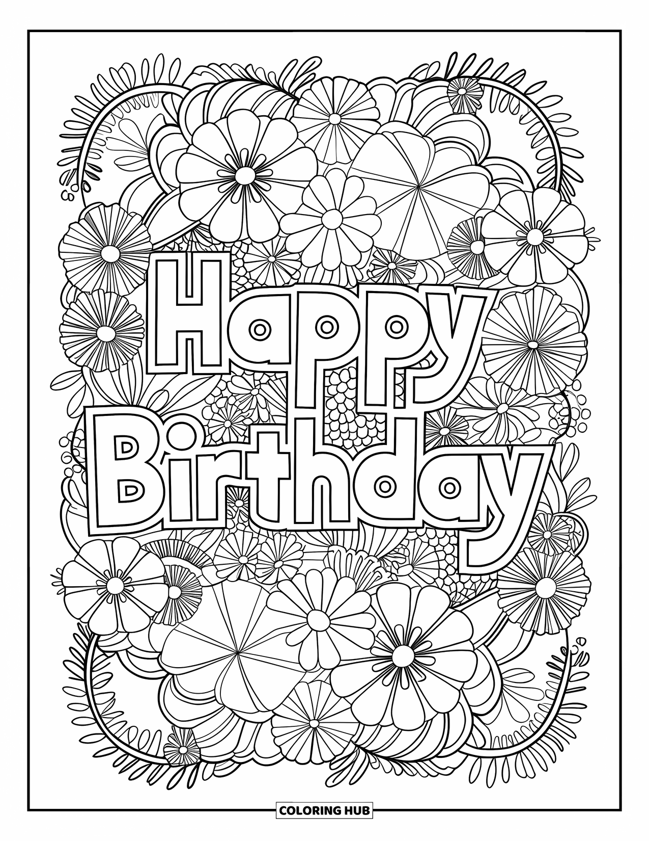 Happy Birthday Coloring Page for Adults: Intricate flower and vine garden surrounds a birthday greeting for coloring