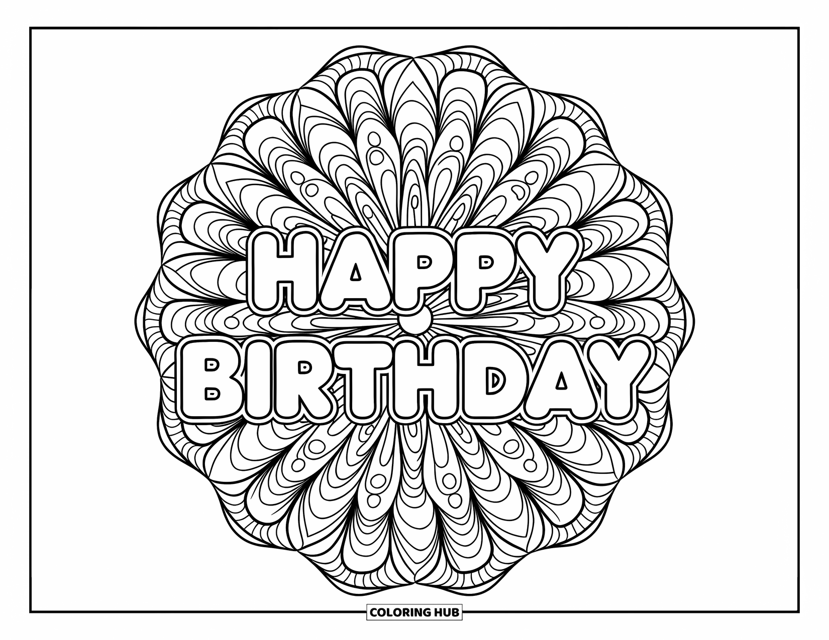 Happy Birthday Coloring Page for Adults: Intricate mandala with curved lines and feathers behind a bold birthday greeting