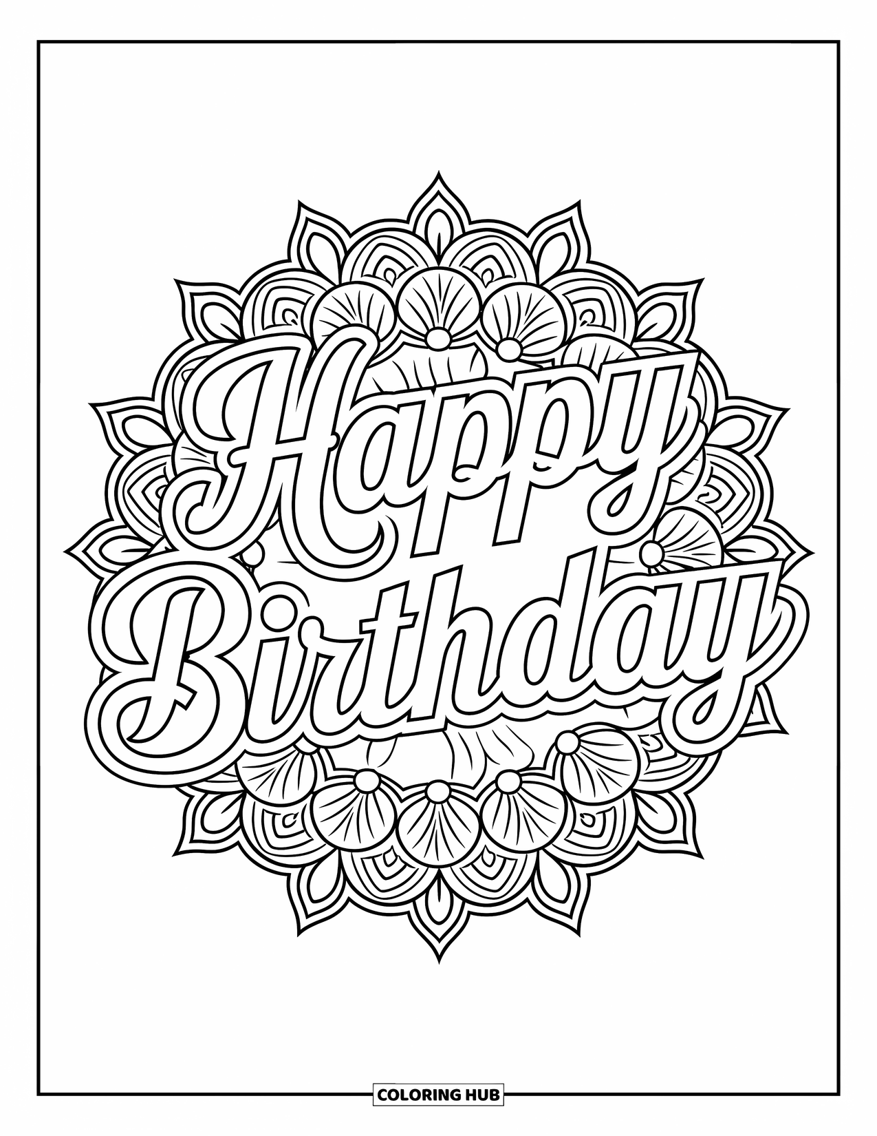 Happy Birthday Coloring Page for Adults: Mandala flower frame surrounds an outlined, elegant birthday message
