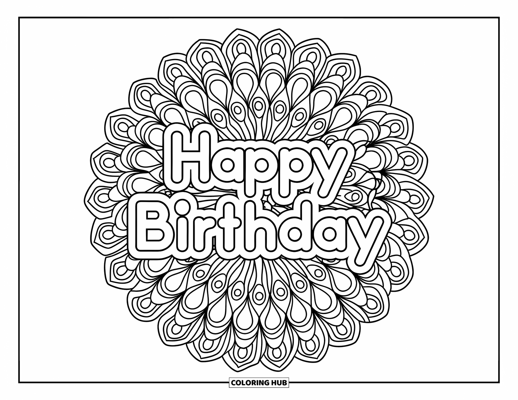Happy Birthday Coloring Page for Adults: Peacock feather mandala surrounds a cheerful birthday message in bold outlines