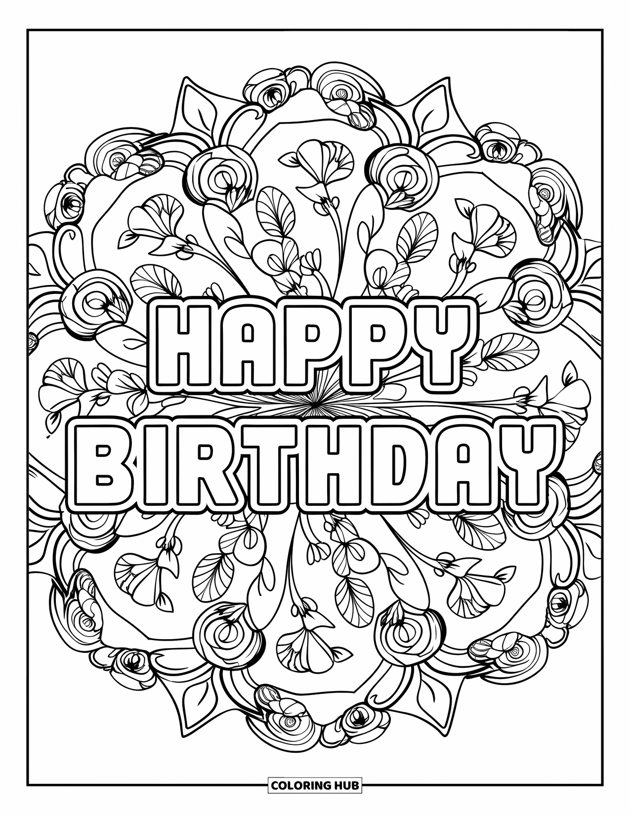 Happy Birthday Coloring Page for Adults: Rose-filled mandala with floral arcs surrounding a bold birthday message