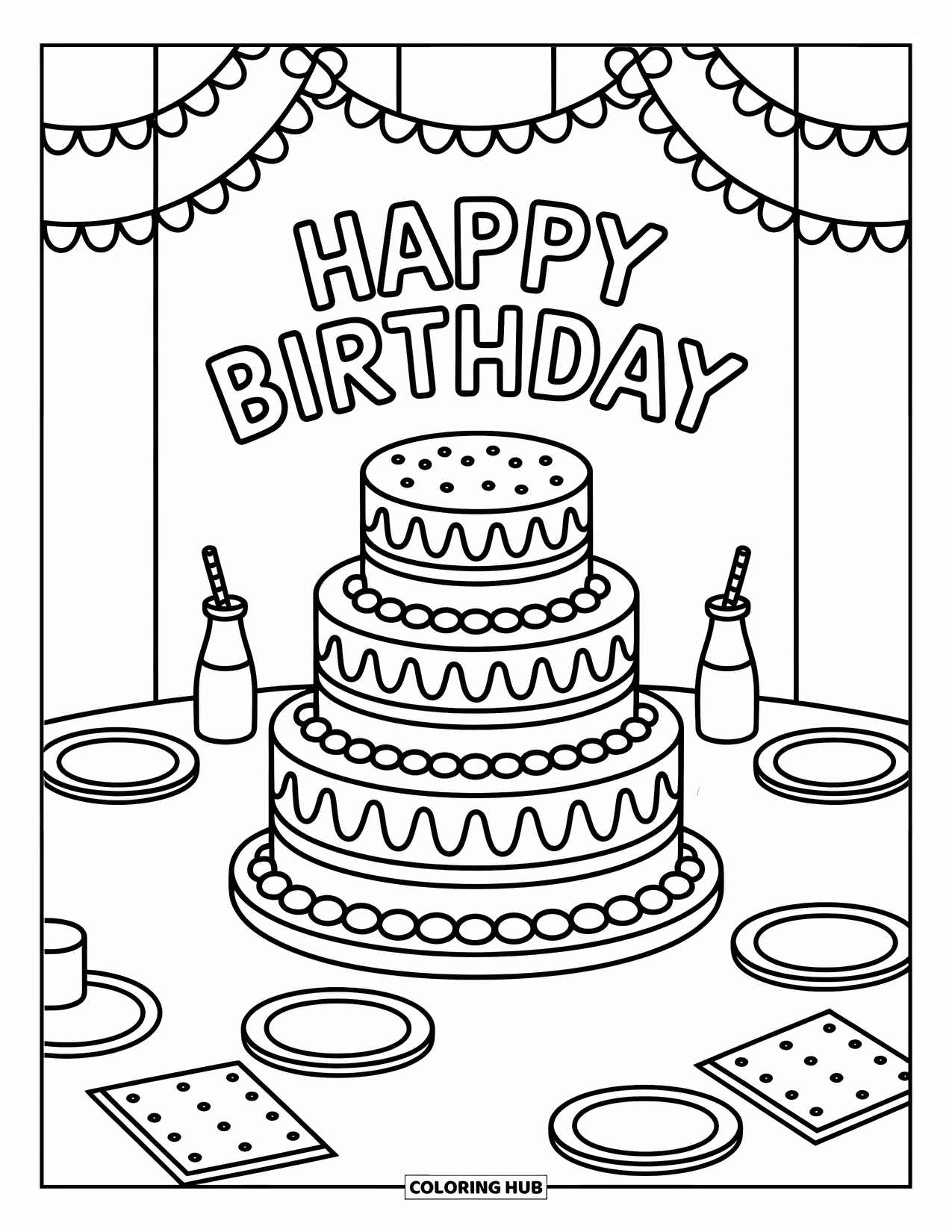 Happy Birthday Coloring Page for Adults: Sprinkled birthday cake with drinks and cookies in a charming setup