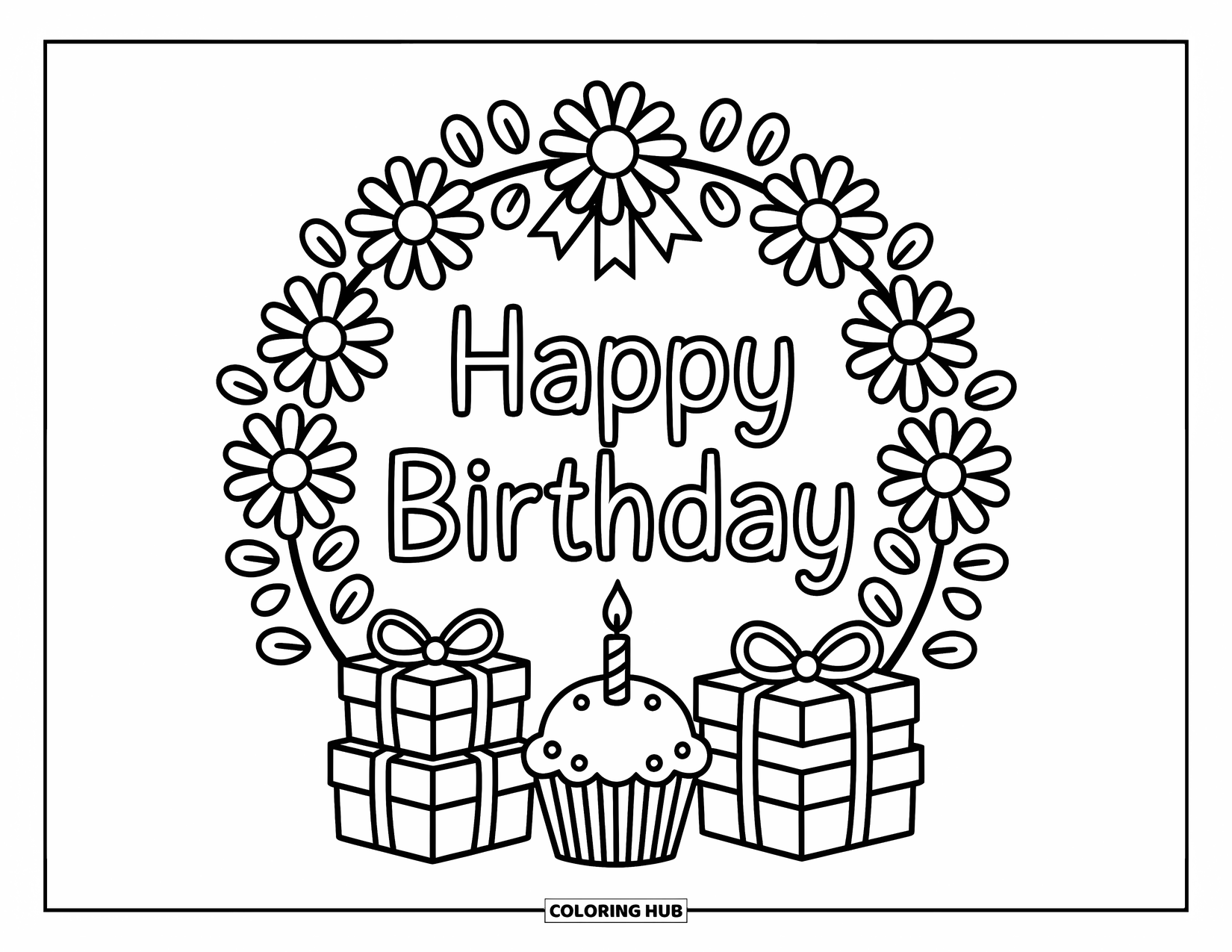 Happy Birthday Coloring Page for Adults: Wreath of daisies, bows, and gifts circles a cozy "Happy Birthday" greeting