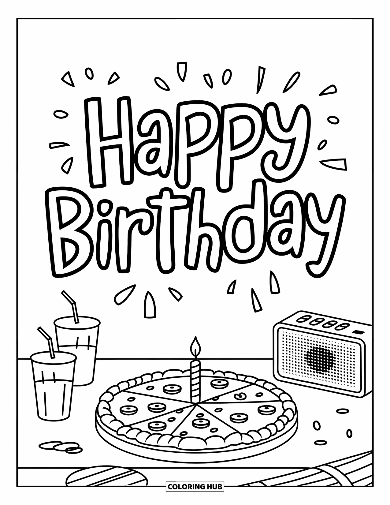Happy Birthday Coloring Page for Kids: A birthday pizza with a candle, drinks, and a nearby speaker on a table