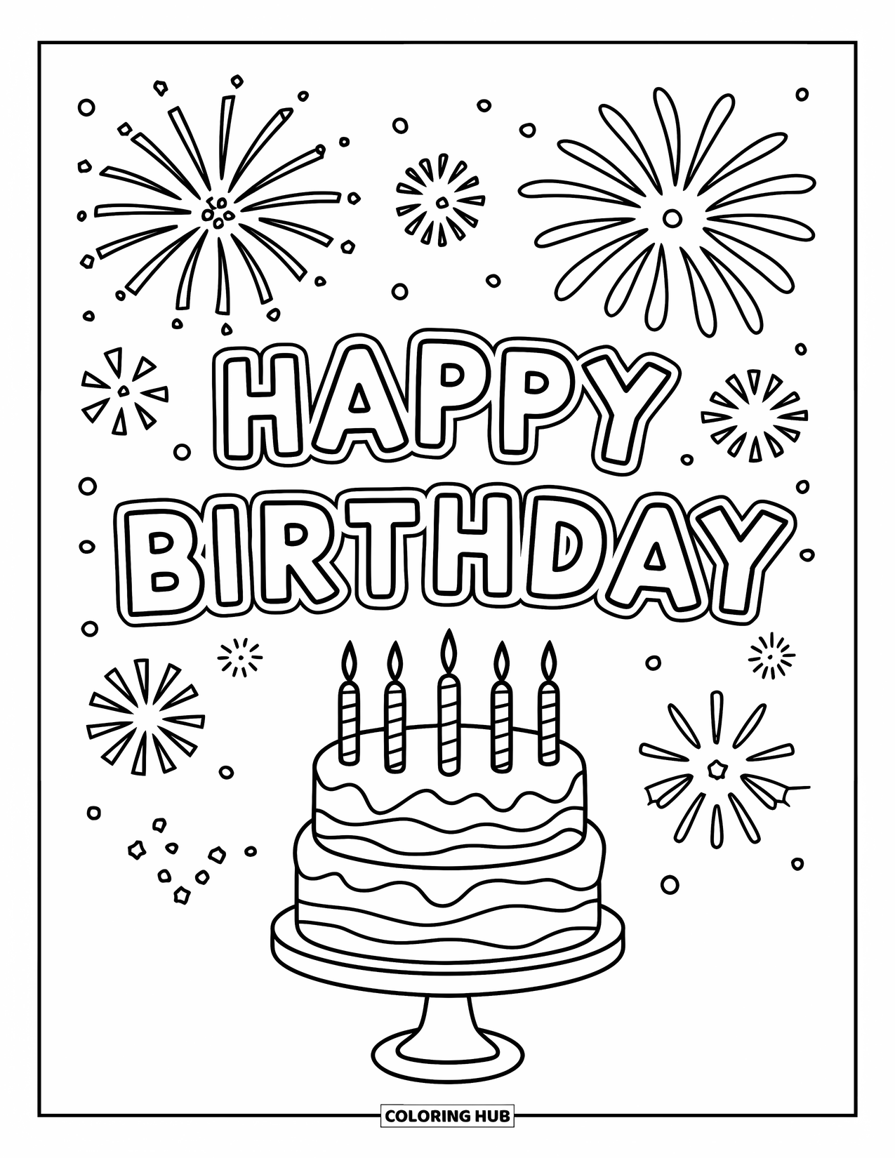 Happy Birthday Coloring Page for Kids: Big cake and fireworks show under a sparkling "Happy Birthday" sky